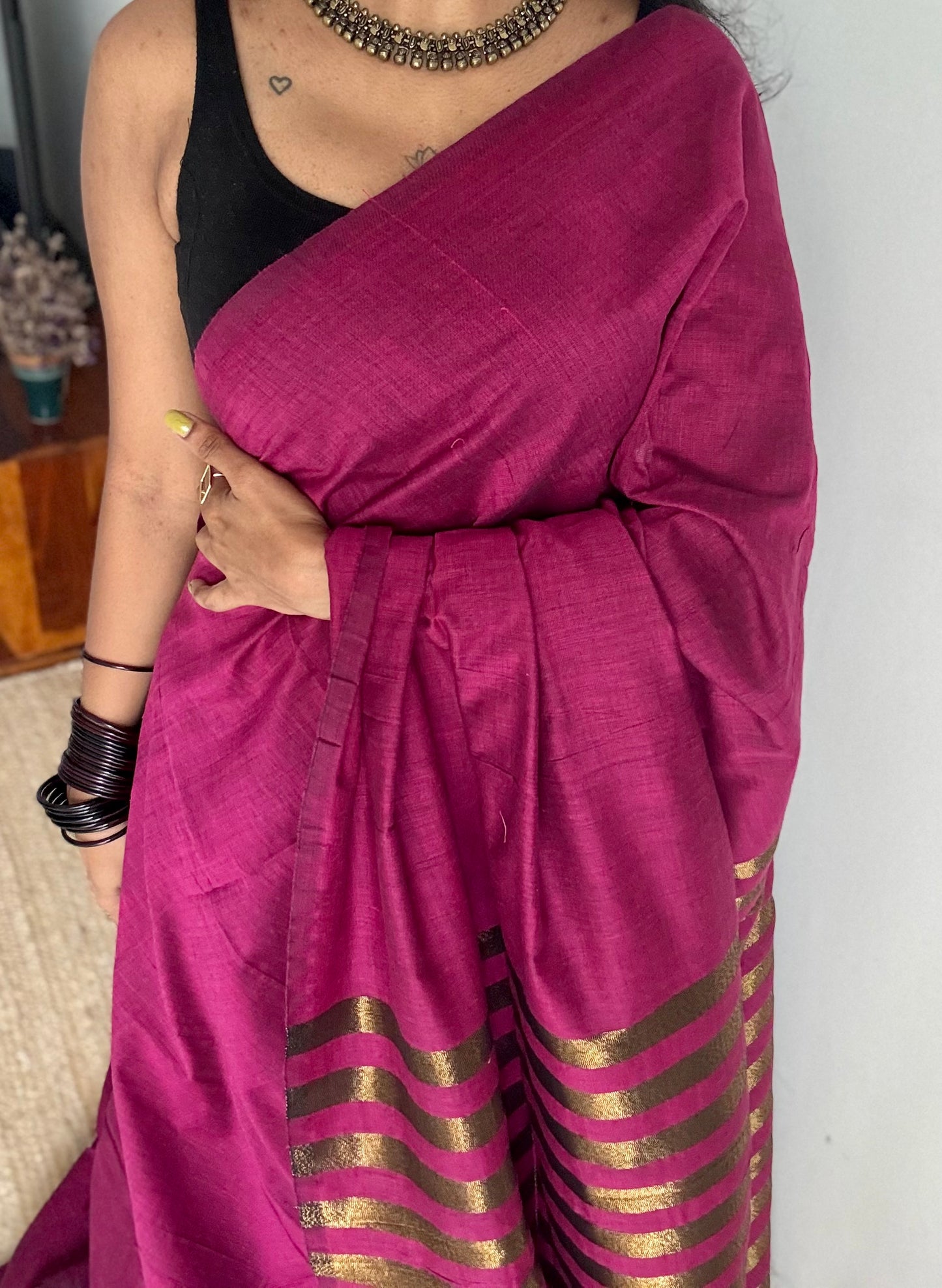 Berry pink khadi with antique gold pallu - YCBCKZPSE07