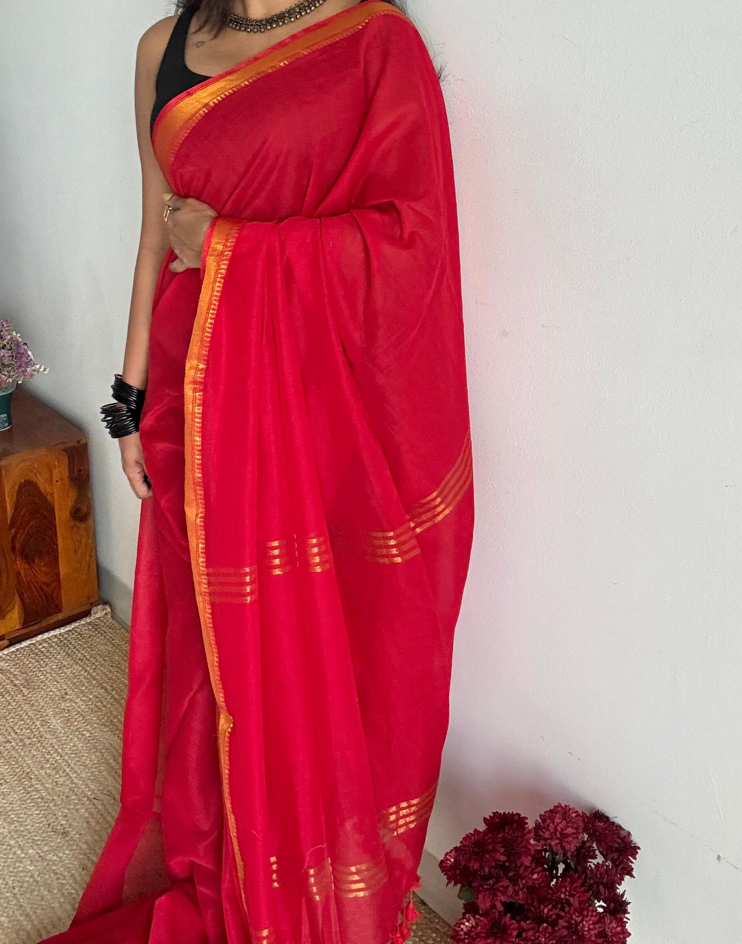 Chilli red soft cotton with maheswari gold zari border - YCBCMCFE216