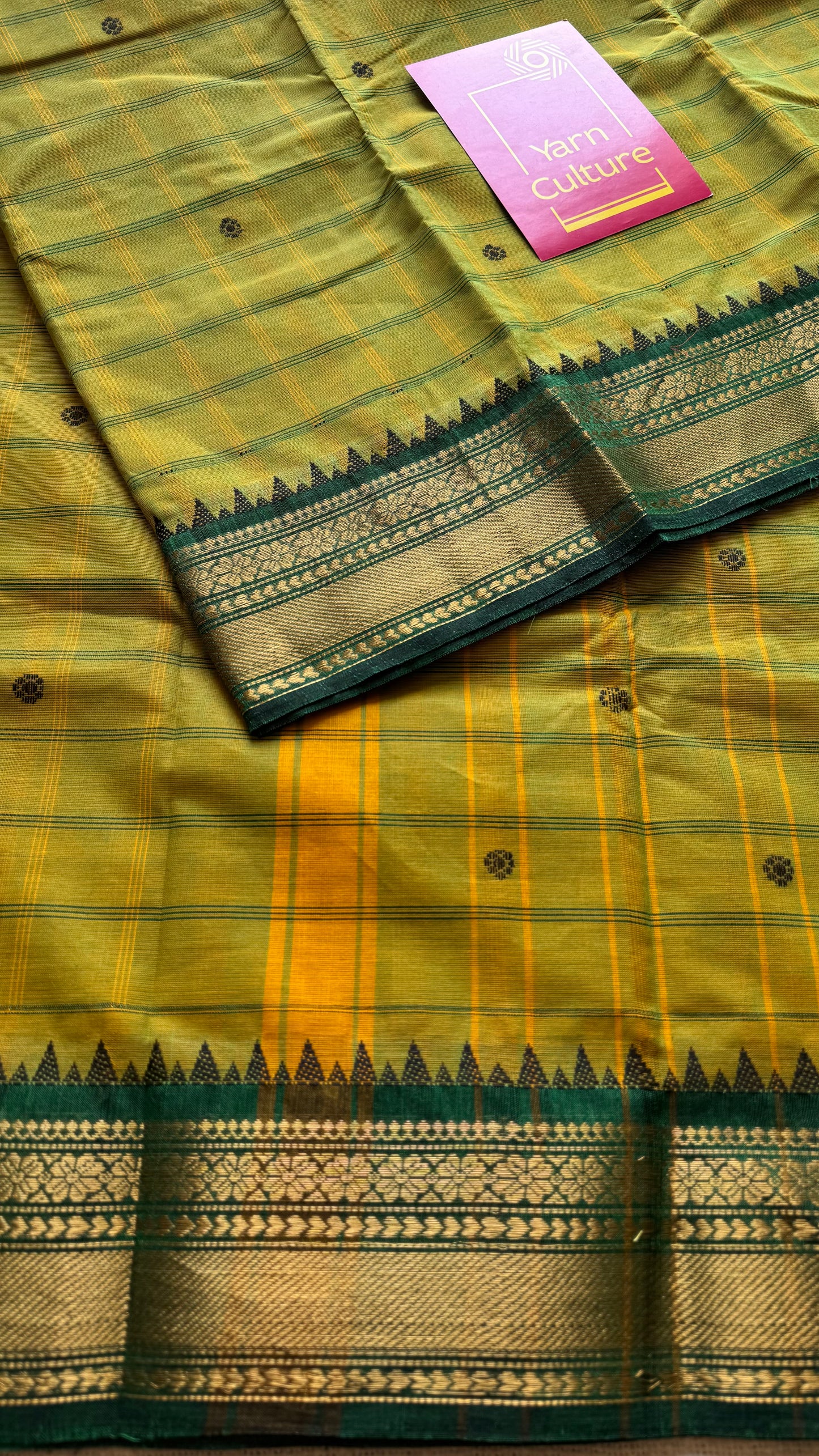 Light green Kanchi cotton saree with striped checks, woven buttas and dark green zari border - YCCOTNCCFE160
