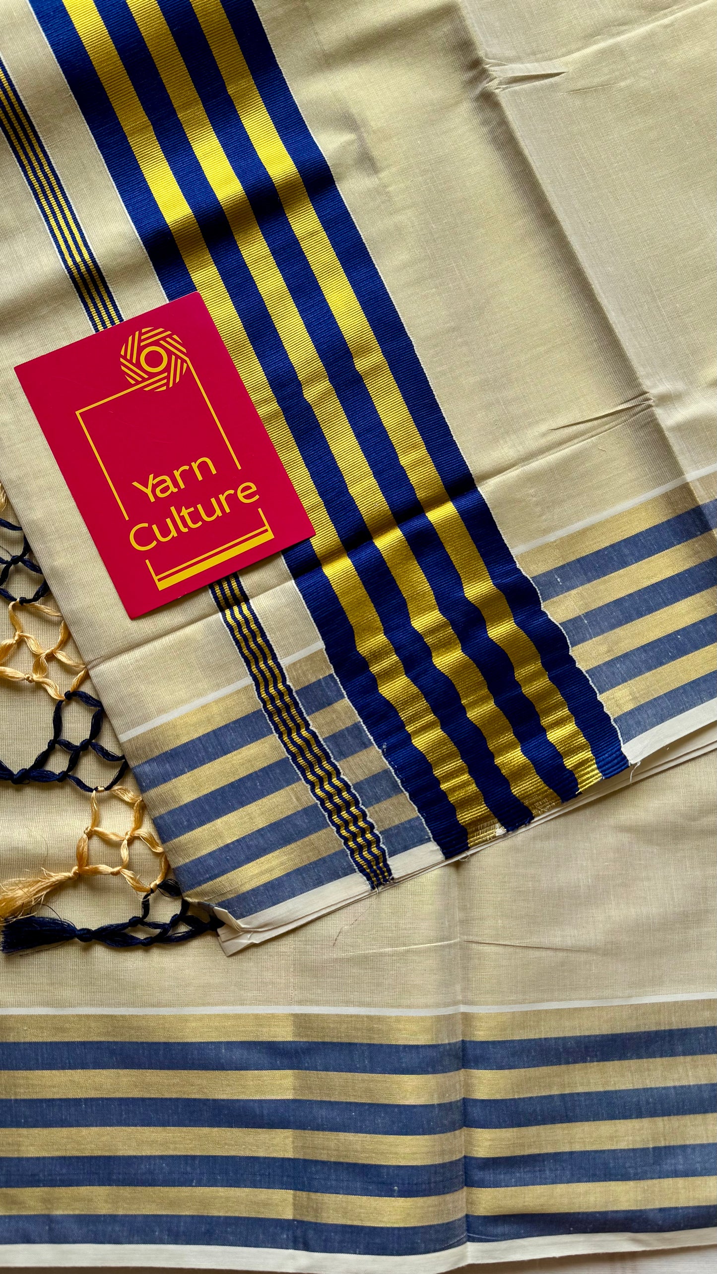 Ivory and gold soft tissue cotton saree, royal blue border - YCIEON66
