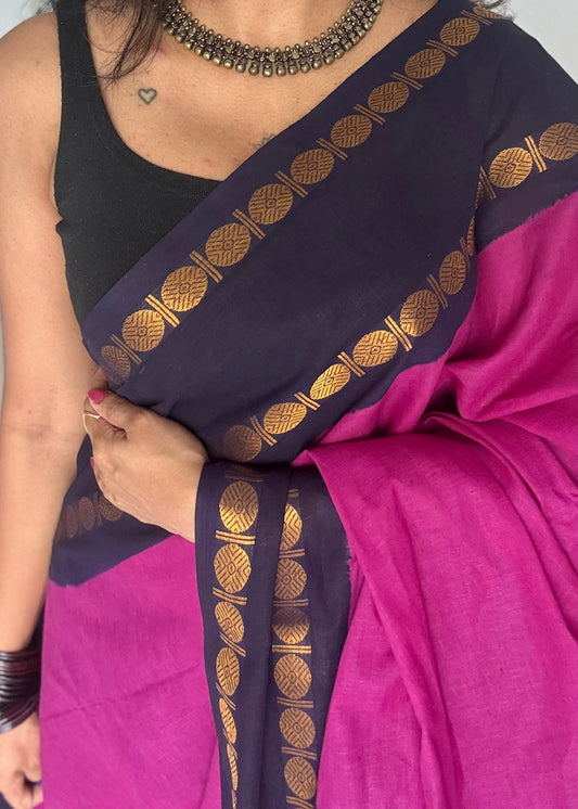Purple pink with dark blue sungudi, kattuchayam dyed, madurai cotton - YCCOTNOCSC15