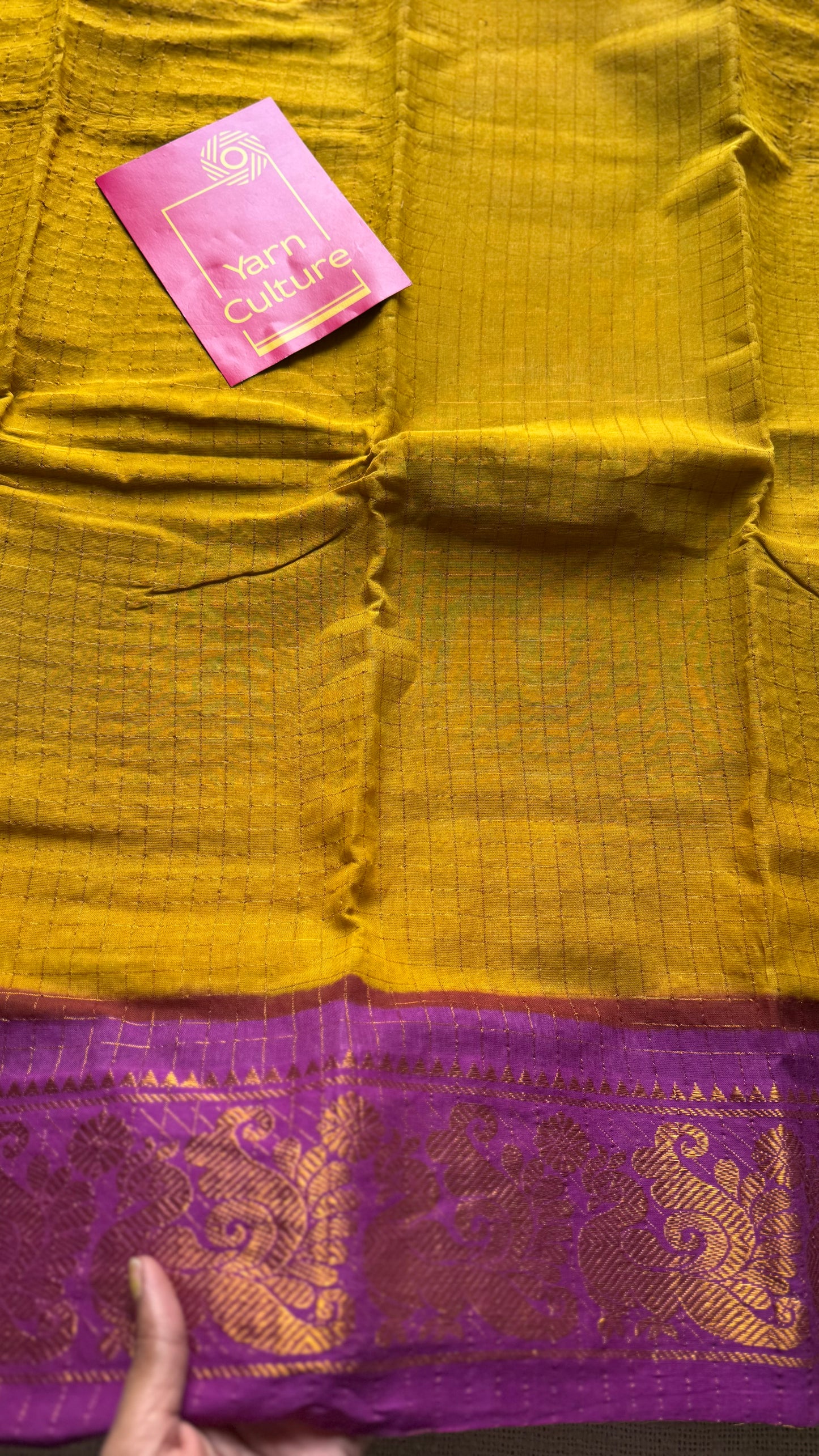 Ginger yellow with magenta checkered sungudi, madurai cotton - YCCOTNSUDE46