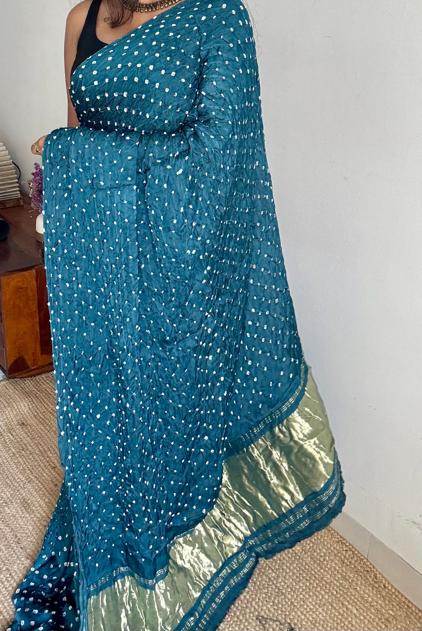 Teal/peacock blue, crushed bandhej pure modal silk saree with lagdi patta zari pallu - YCTOKBM330