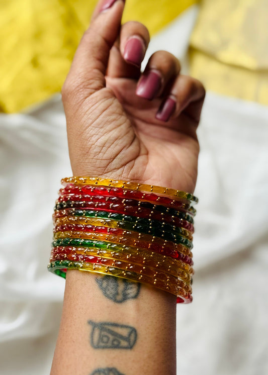 Multicolour raindrop bangles, set of 12, size 2.6 - YCBANGL853