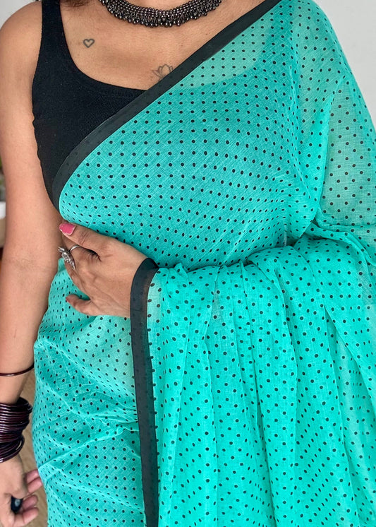 Turquoise blue with polka dots mul cotton saree  - YCBCMCAP52