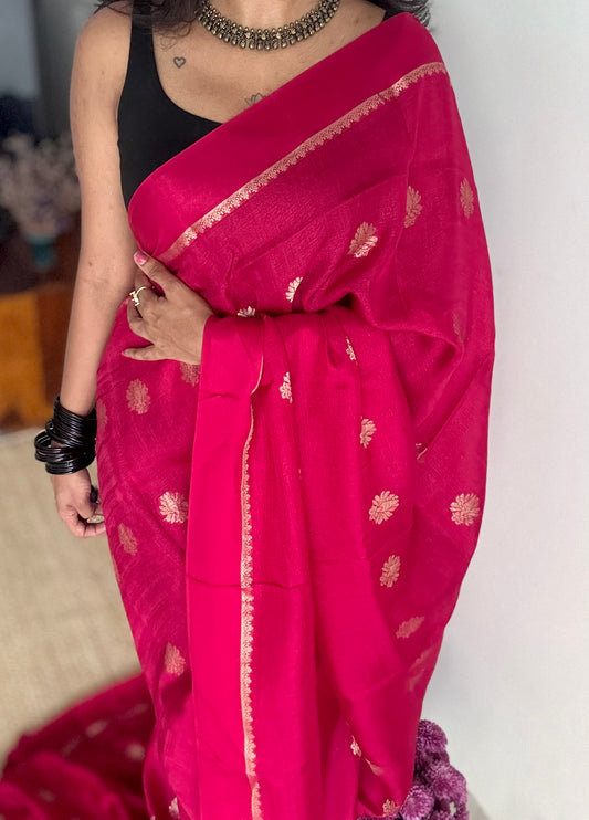 Rani pink in khadi silk, zari motifs - YCDOSFE18