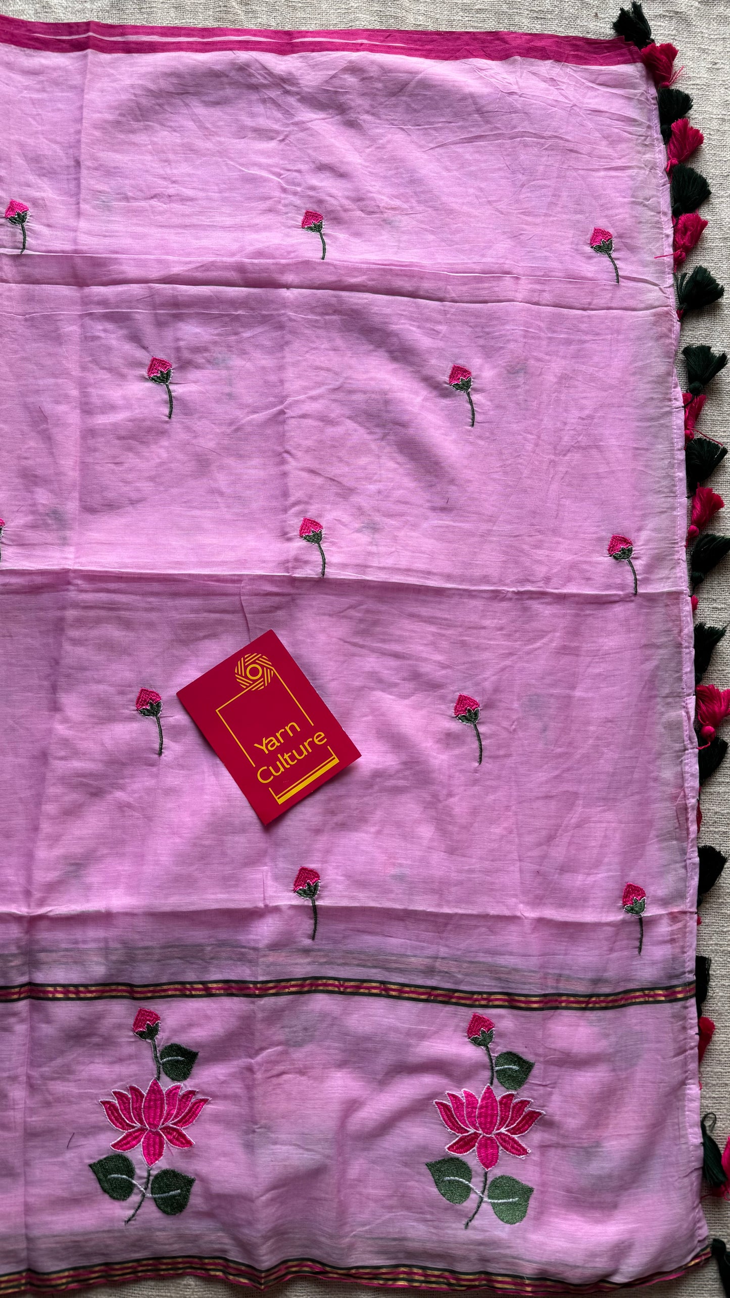 Pink mul with pink lotus embroidery and coloured zari - YCBCMCNO64