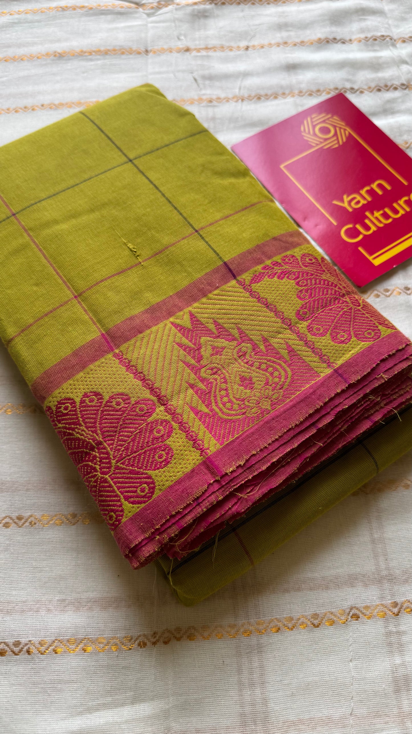 Chettinad cotton saree with lime green and pink checks, thread motif border - YCCOTNJUCC04