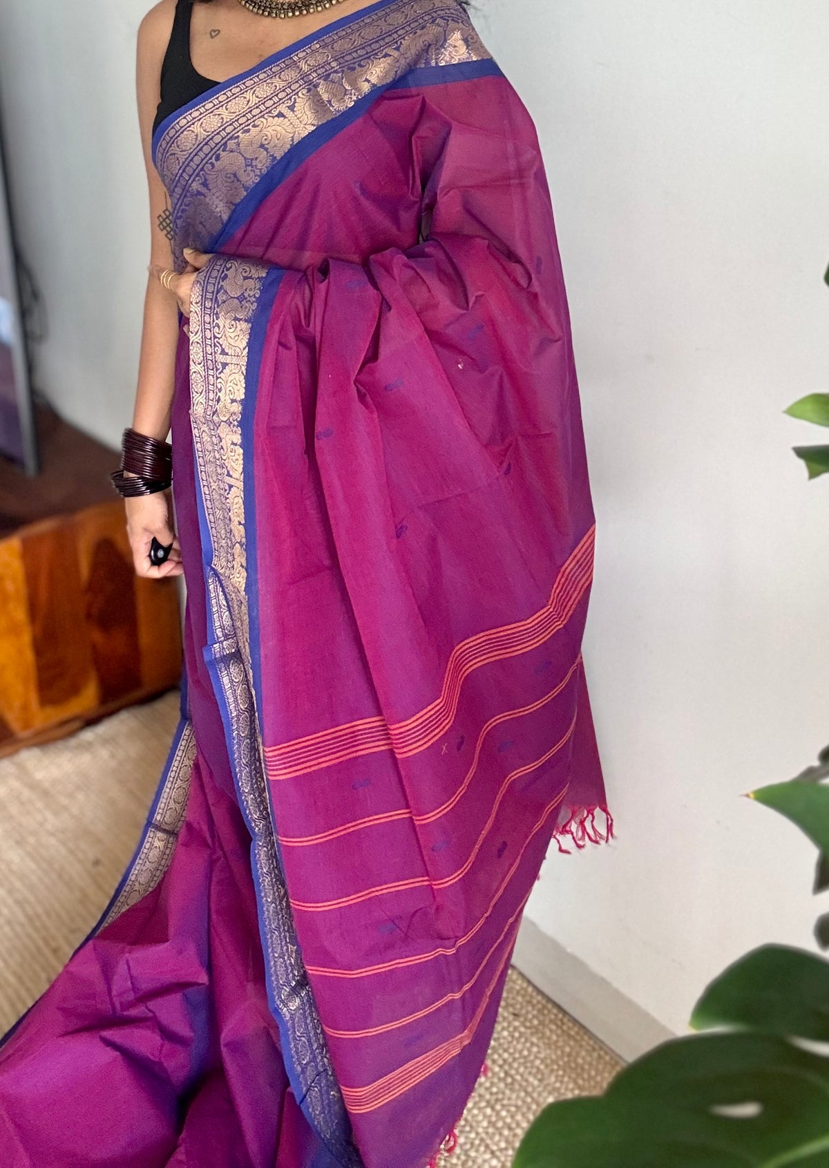 Purple pink with royal blue zari border chettinad cotton saree - YCCOTNCKSE15