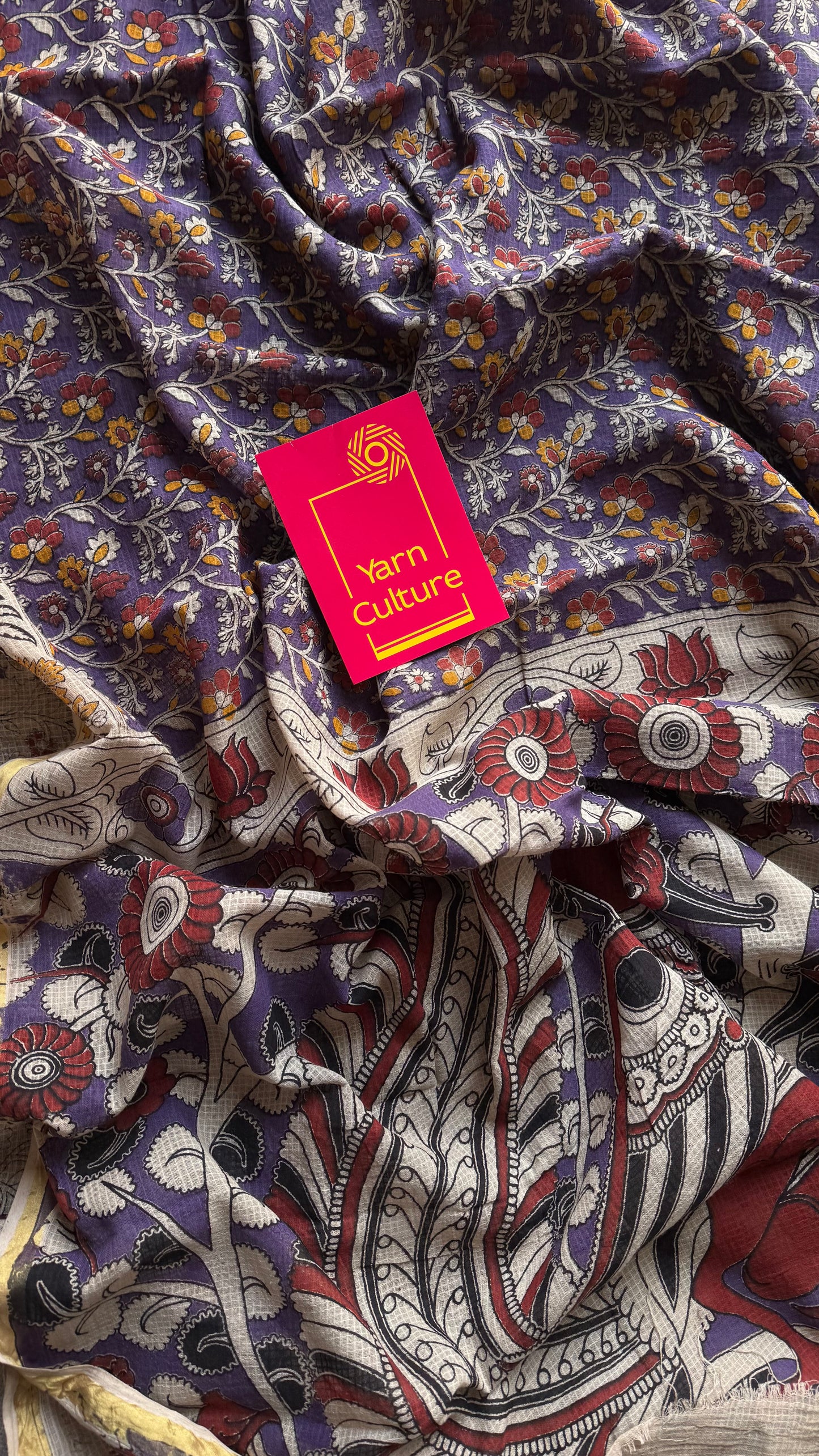 Purple cream red kalamkari saree in kota, with zari border - YCWOTDKKFE18