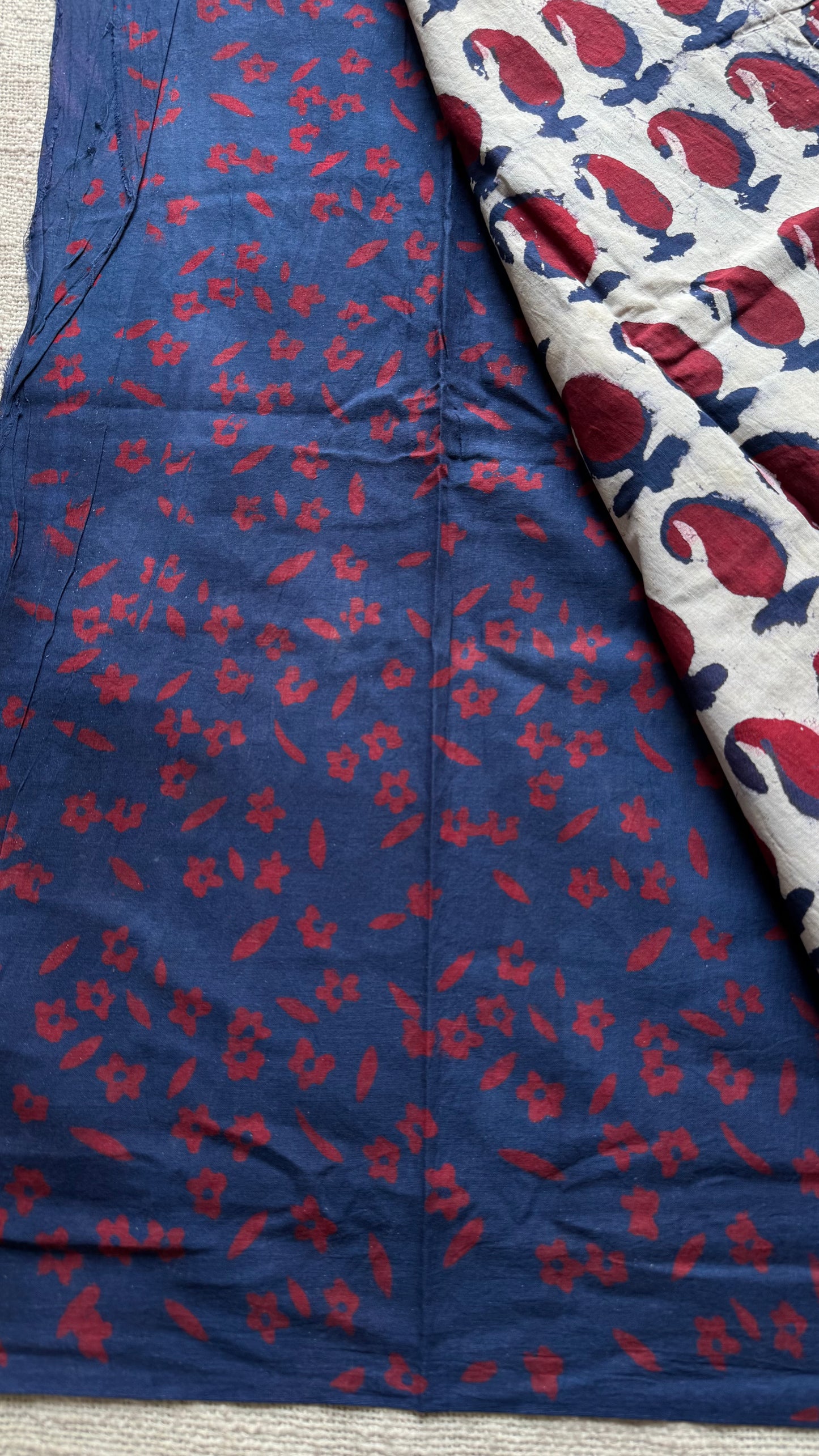 Beige with Indigo and maroon paisley motifs, block printed soft cotton saree - YCTORCMA23