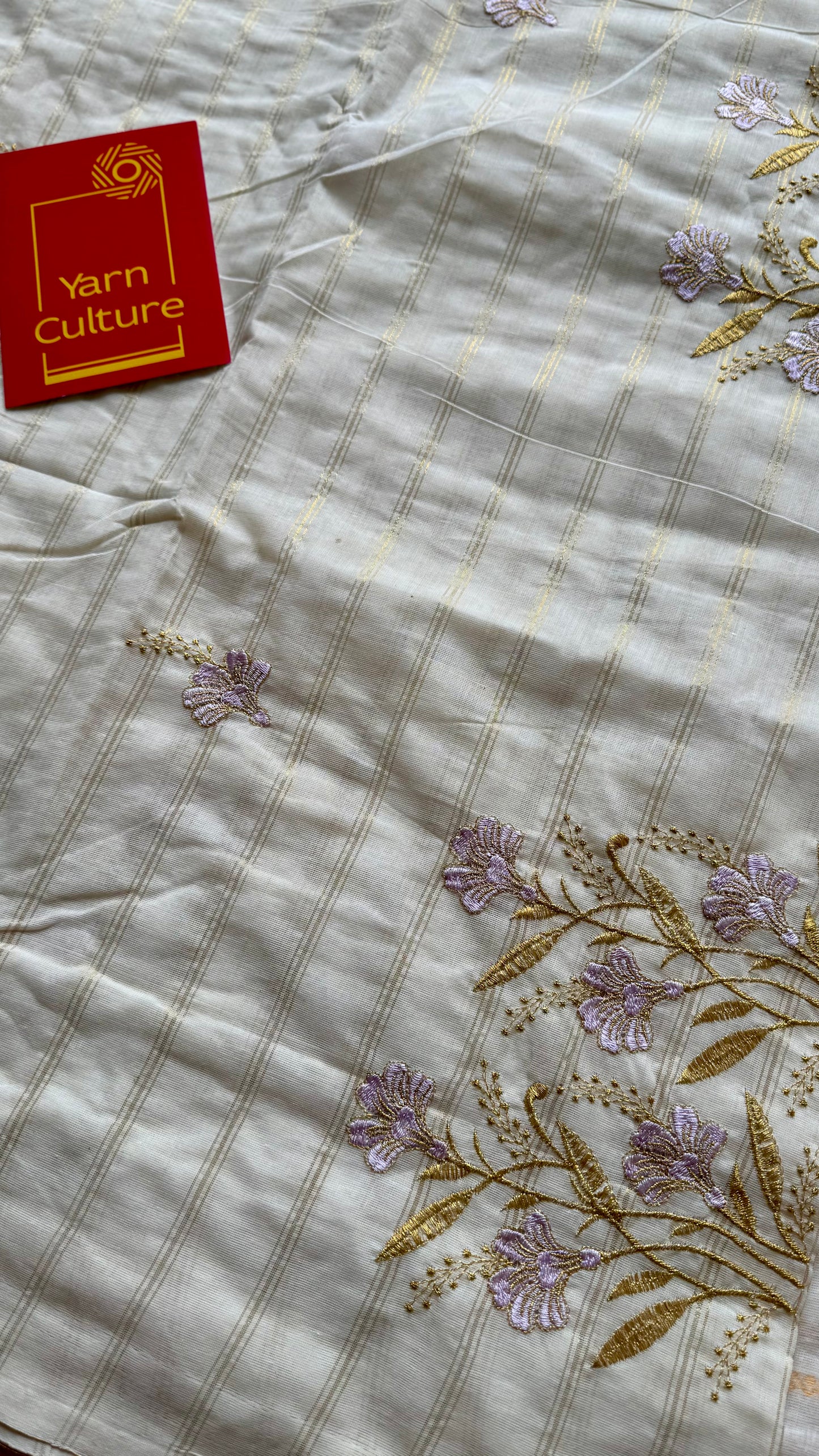 Ivory and gold soft cotton saree, lavender floral embroidery  - YCIEON53