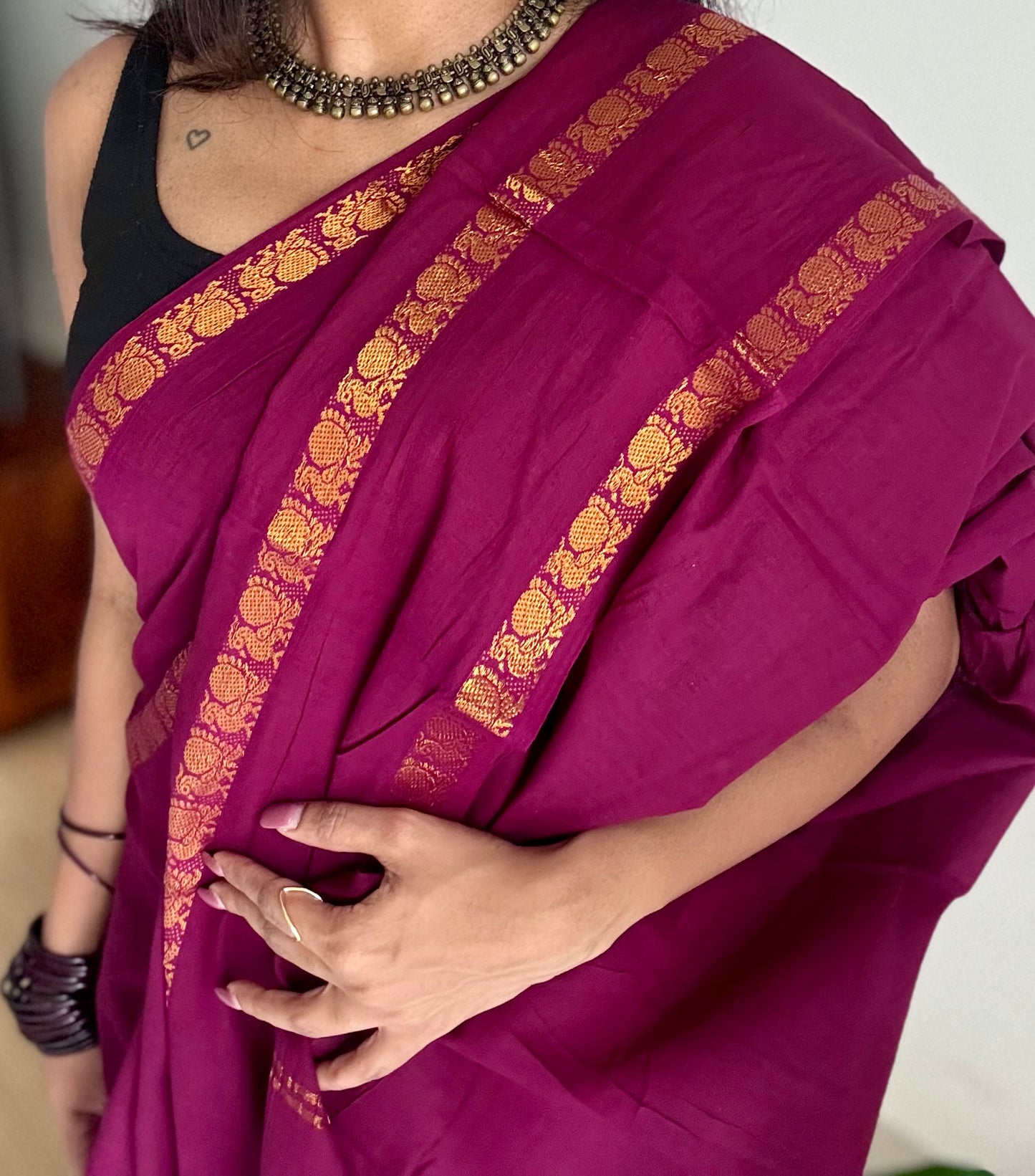 Dark purple pink (vadamalli) rettaipettu peacock double bordered, kattuchayam dyed madurai cotton saree  - YCCOTNMSJUL05