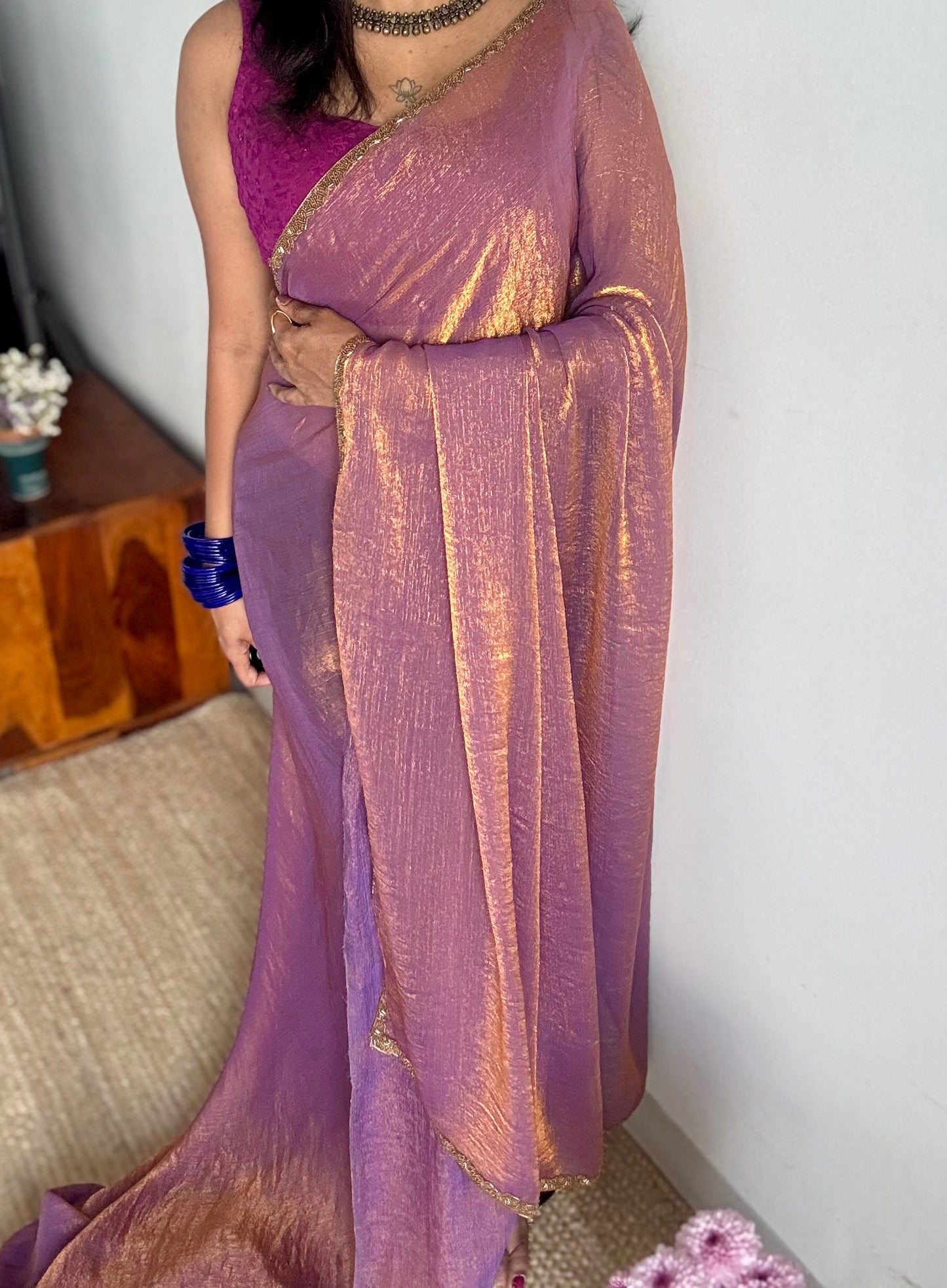 Purple Potion - purple pink and gold hues, metallic dual tone space silk, embellished border - YCDOSNO43