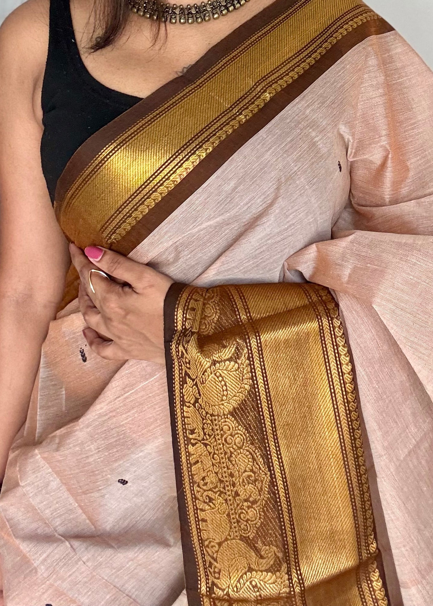 Kanchi cotton saree,dark beige with brown gold zari border - YCCOTNAP82