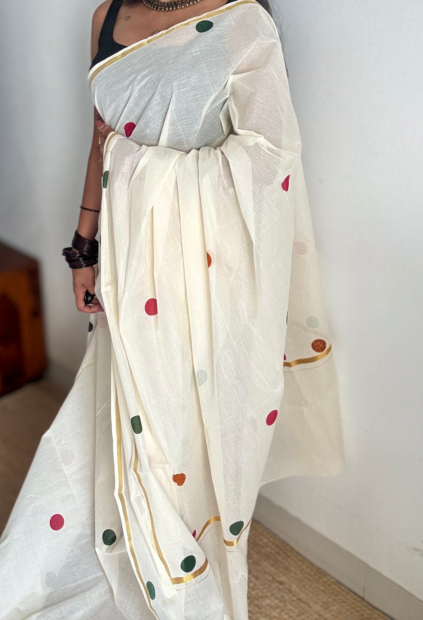 Ivory and gold soft cotton thin border kasavu saree, dark pink, mustard and green polka - YCIEON75