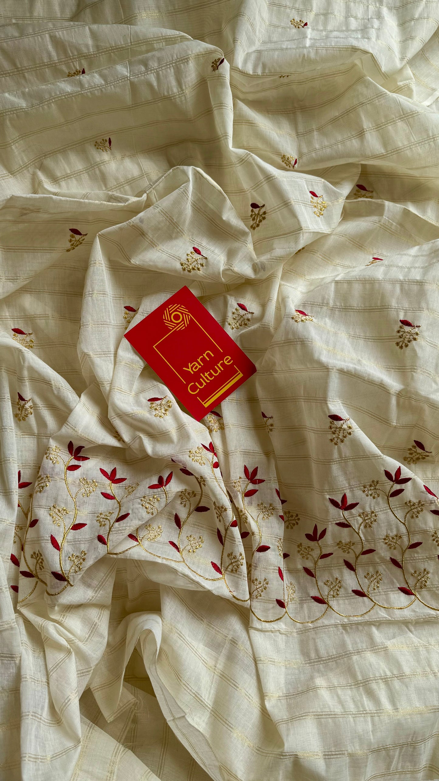 Ivory and gold soft cotton saree, maroon floral vine embroidery  - YCIEON58