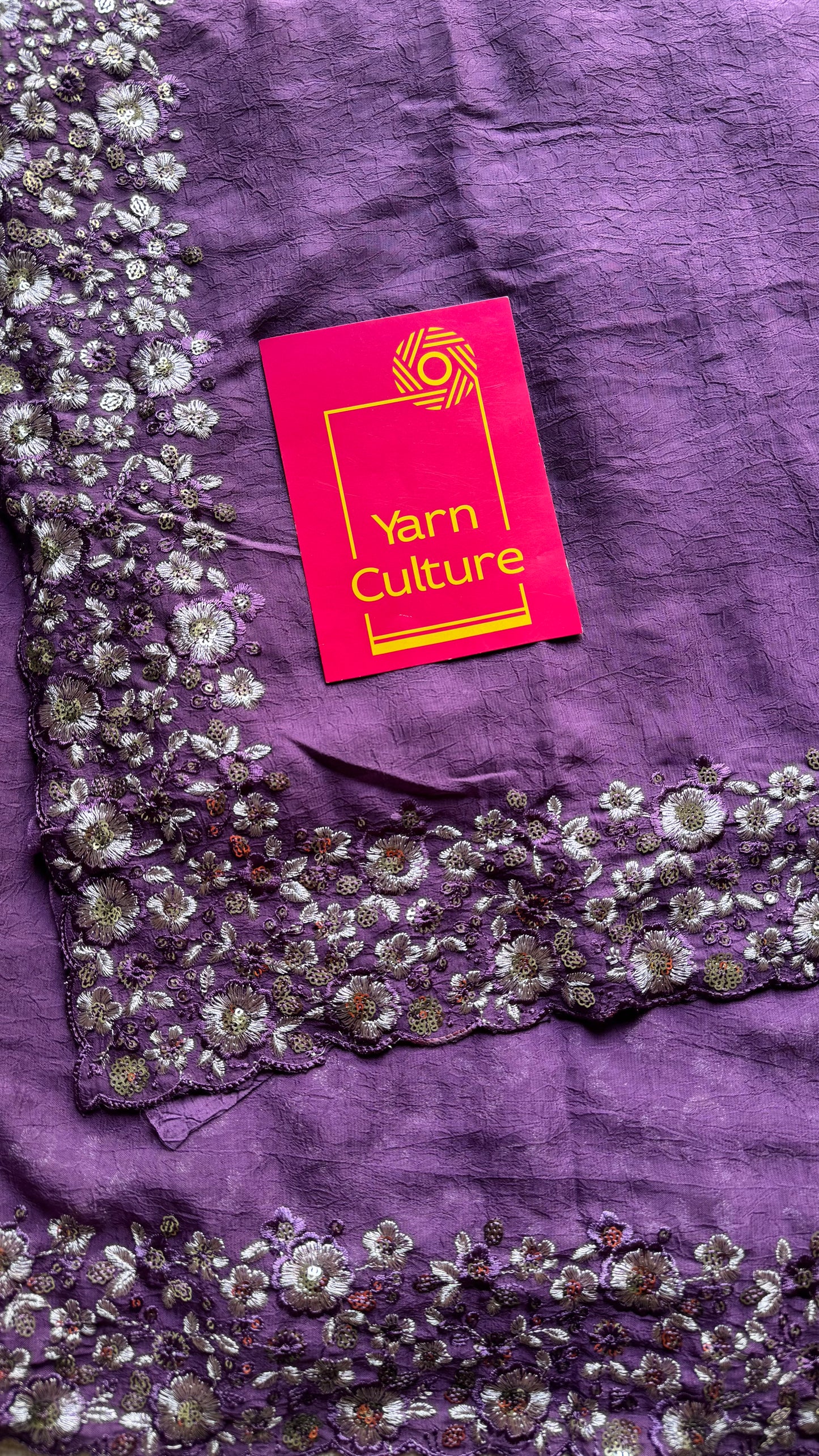 Purple Garden - dark purple with floral sequins embroidered borders, semi-crepe- YCDOSNO47