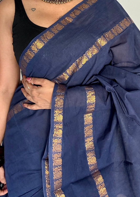 Dark blue rettaipettu peacock double bordered, kattuchayam dyed madurai cotton saree - YCCOTNMA277