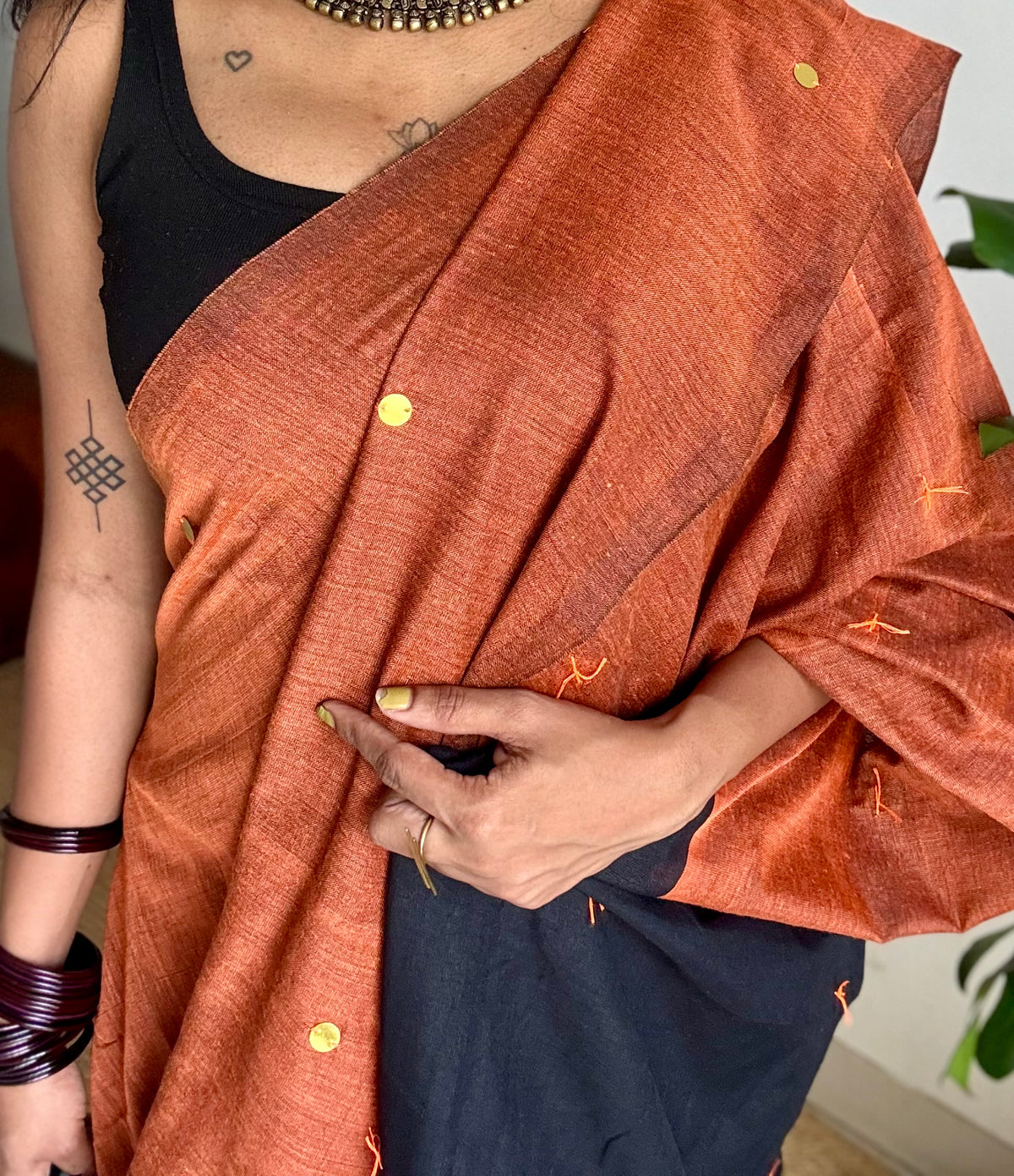 Orange with black contrast pallu, gini sequins, soft cotton saree - YCBCSCOC04