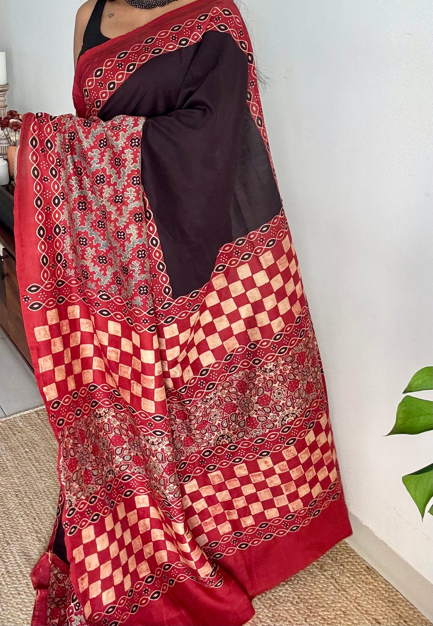 Black and red chanderi saree with ajrakh handblock print - YCTOKAJC343