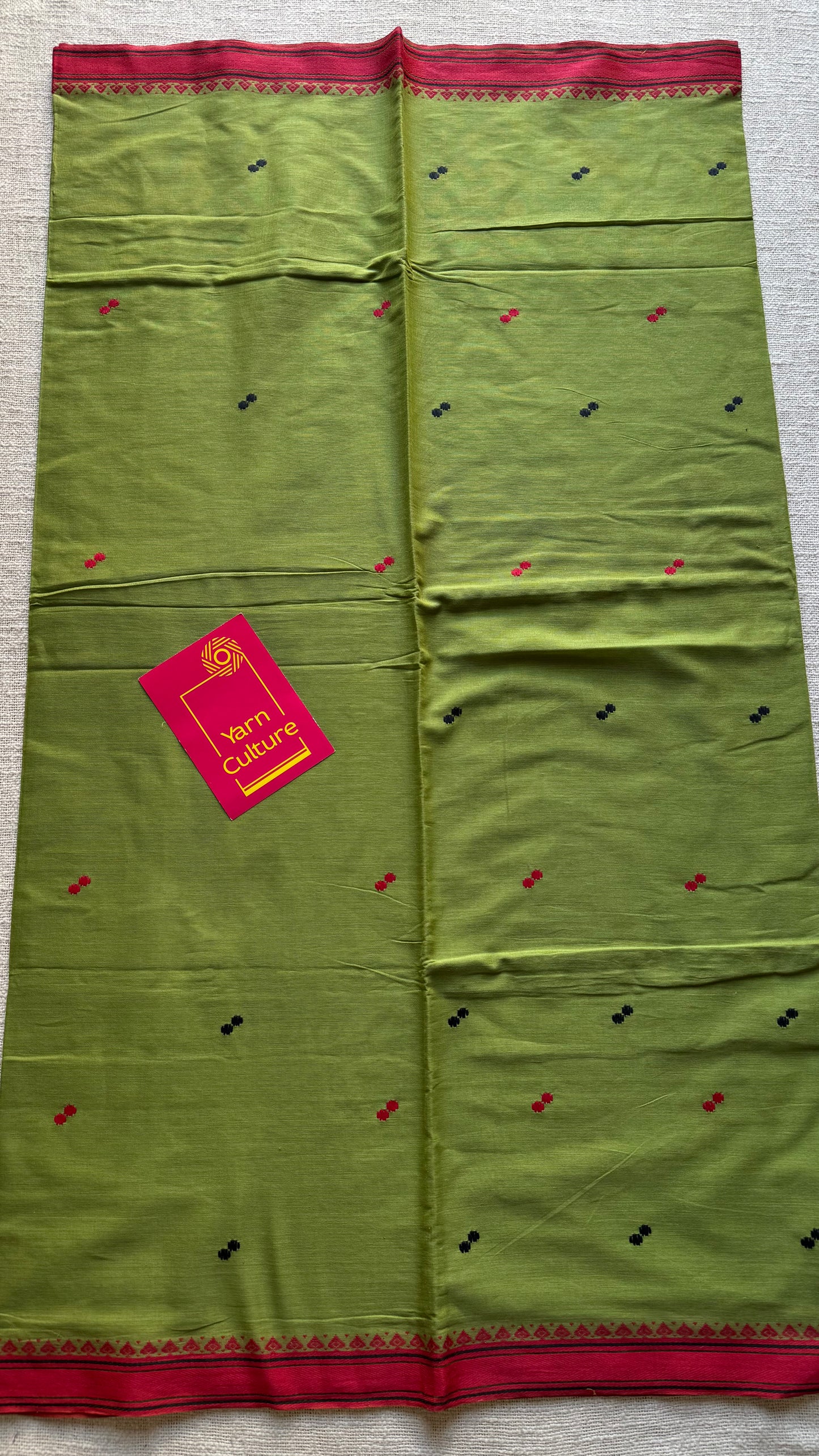 Dhonekhali handloom soft cotton saree,parrot green with red thread border, red and black woven buttas - YCBCDFE260