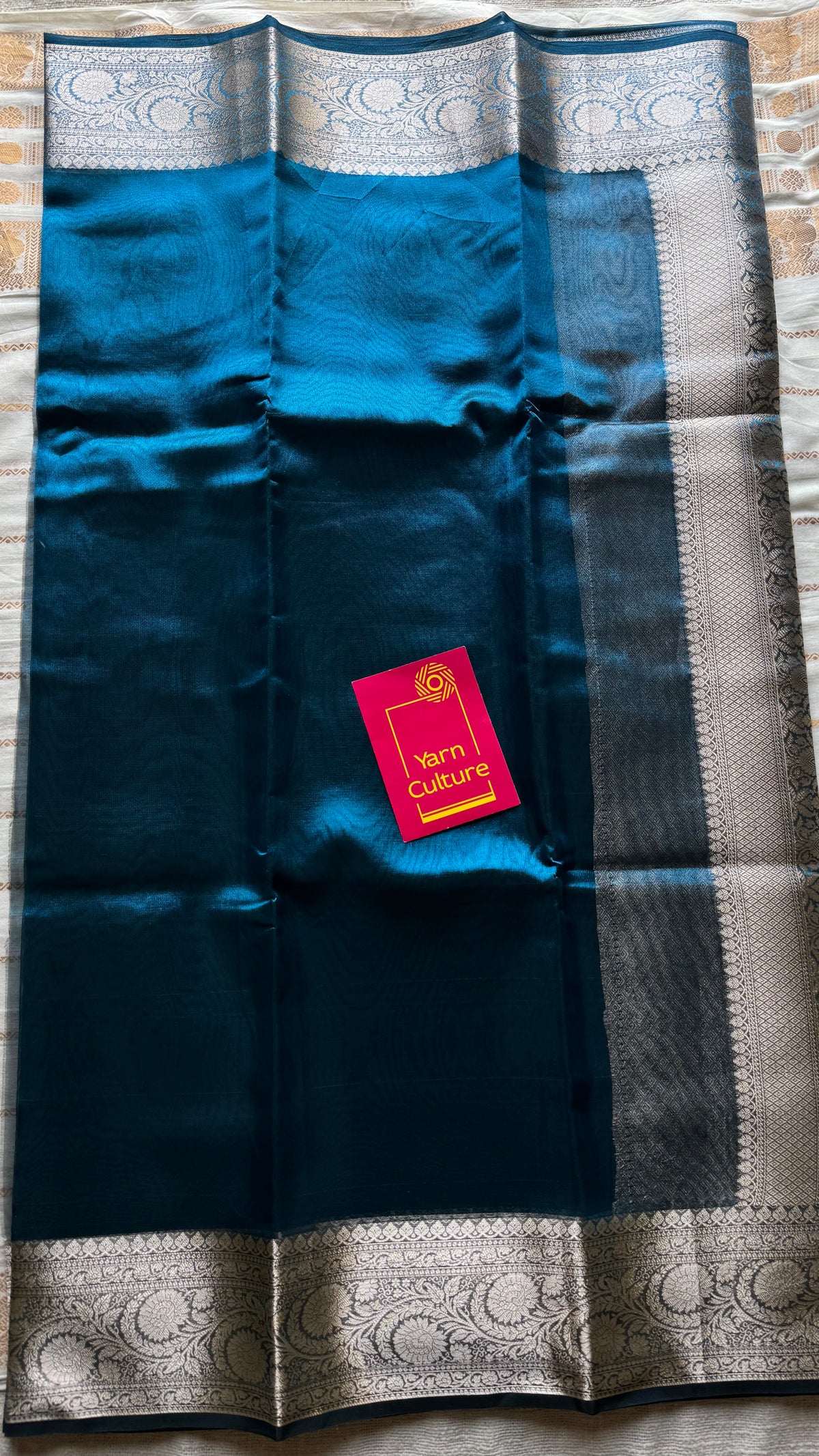 Peacock blue tissue Banarasi saree with zari border - YCBLTOC86