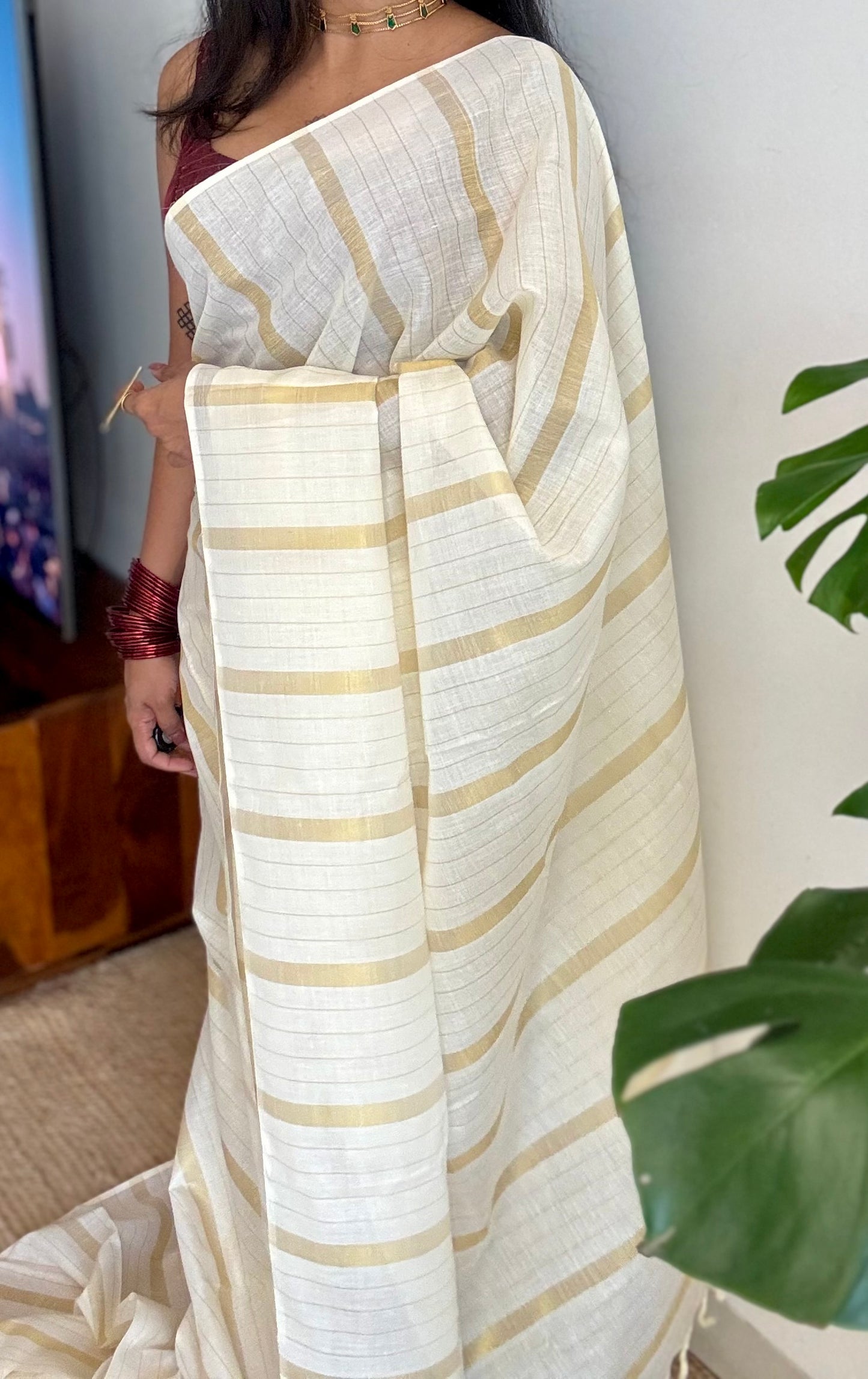 Ivory and gold kerala saree with gold stripes - YCIEON44