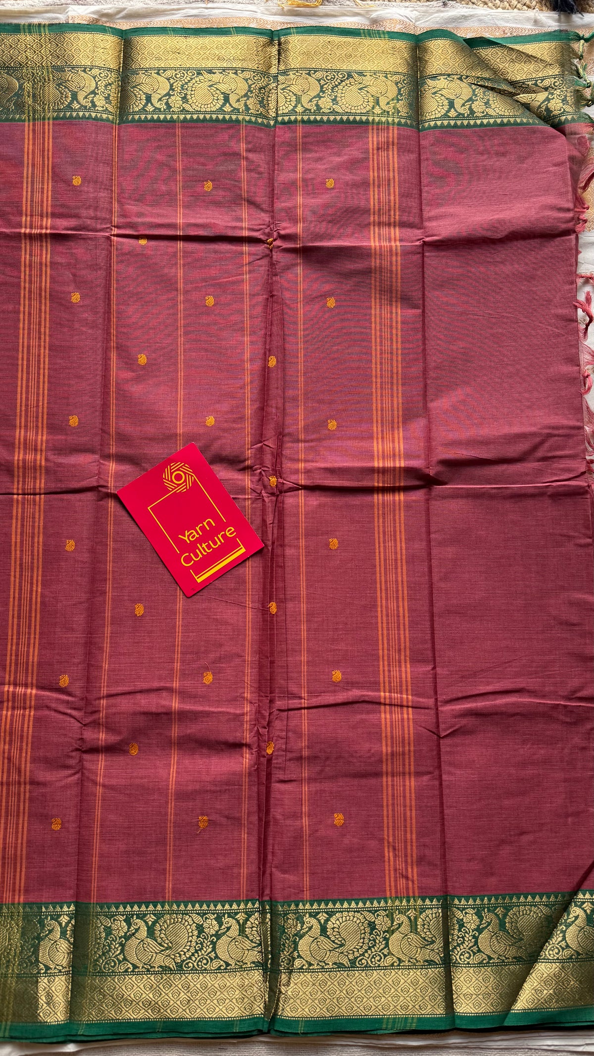 Terracotta red with green zari border kanchi cotton saree - YCCOTNCKSE18