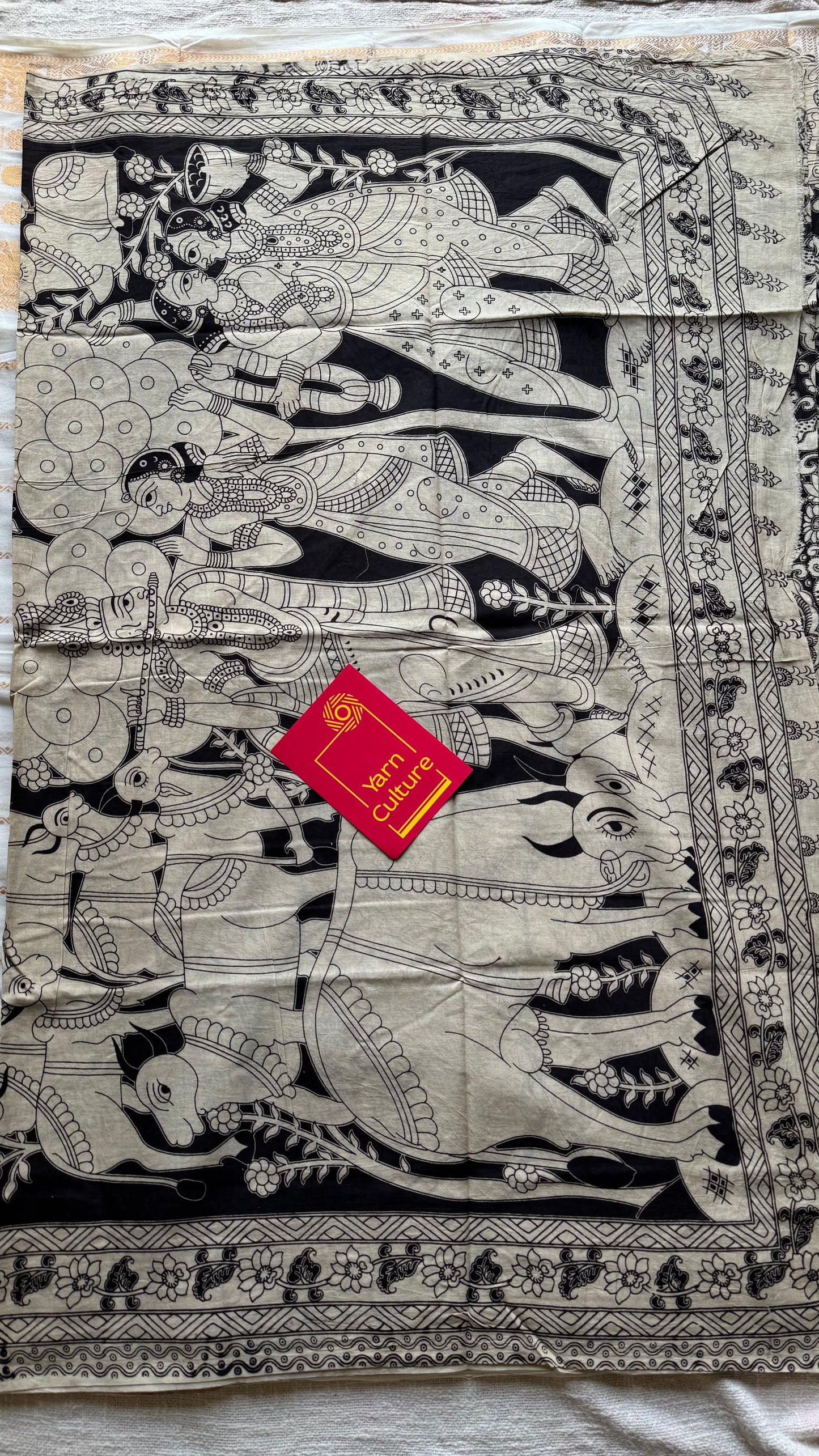 Black with cream kalamkari saree, floral vines, soft cotton - YCWOTDMA353
