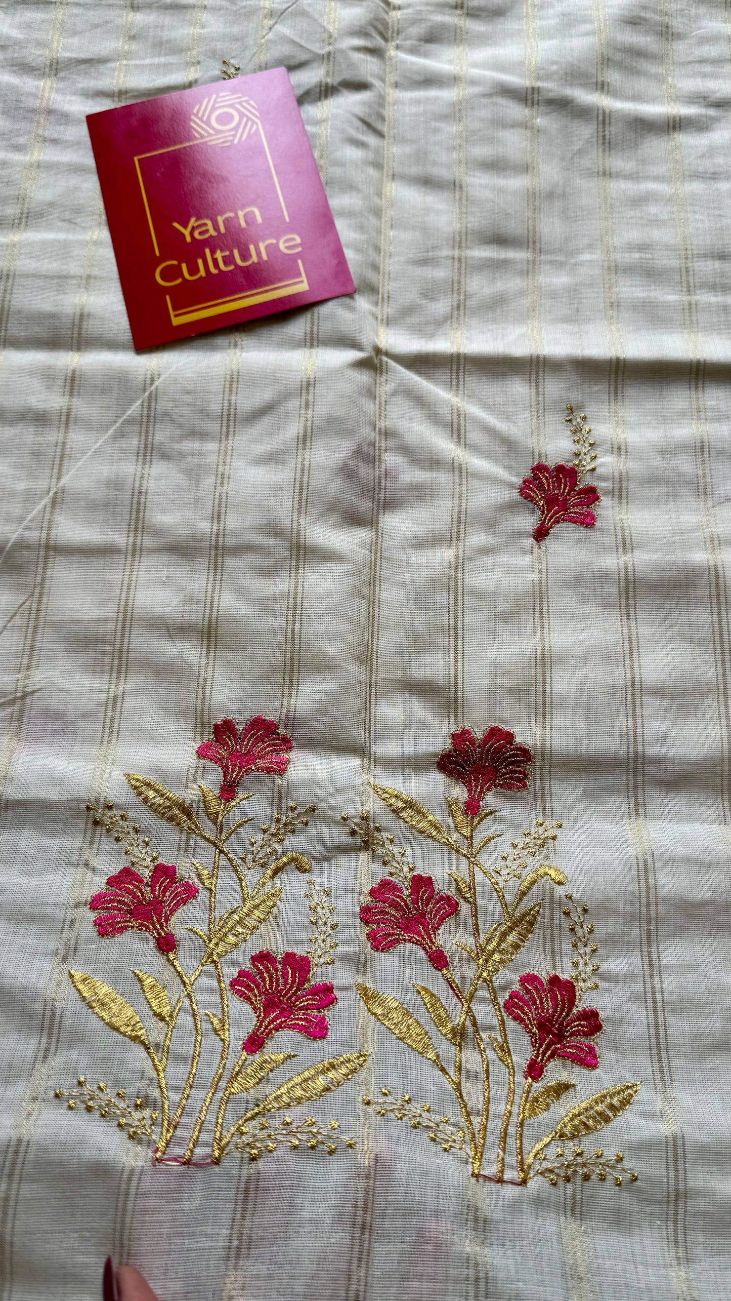 Ivory and gold soft cotton saree, hot pink floral embroidery  - YCIEON54