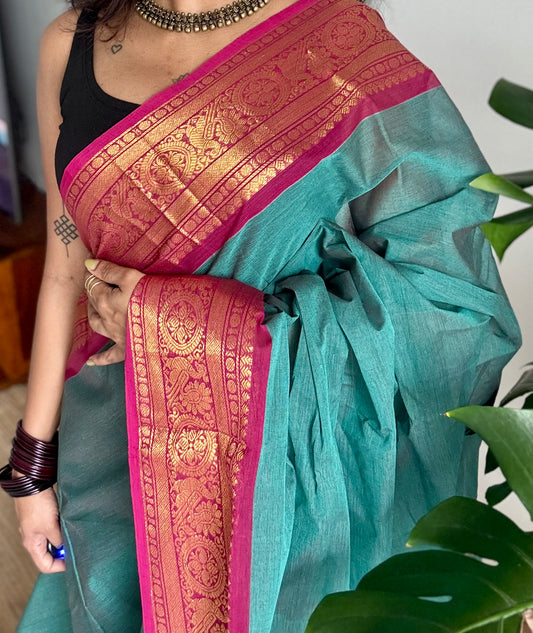 Jade green with ruby pink zari border chettinad cotton saree - YCCOTNCKSE14