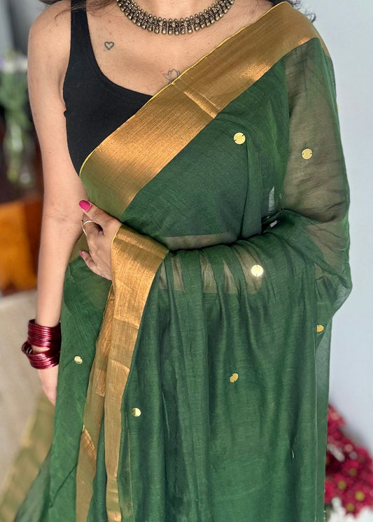 Dark green mul with sequins and copper zari border - YCBCMCLSE08