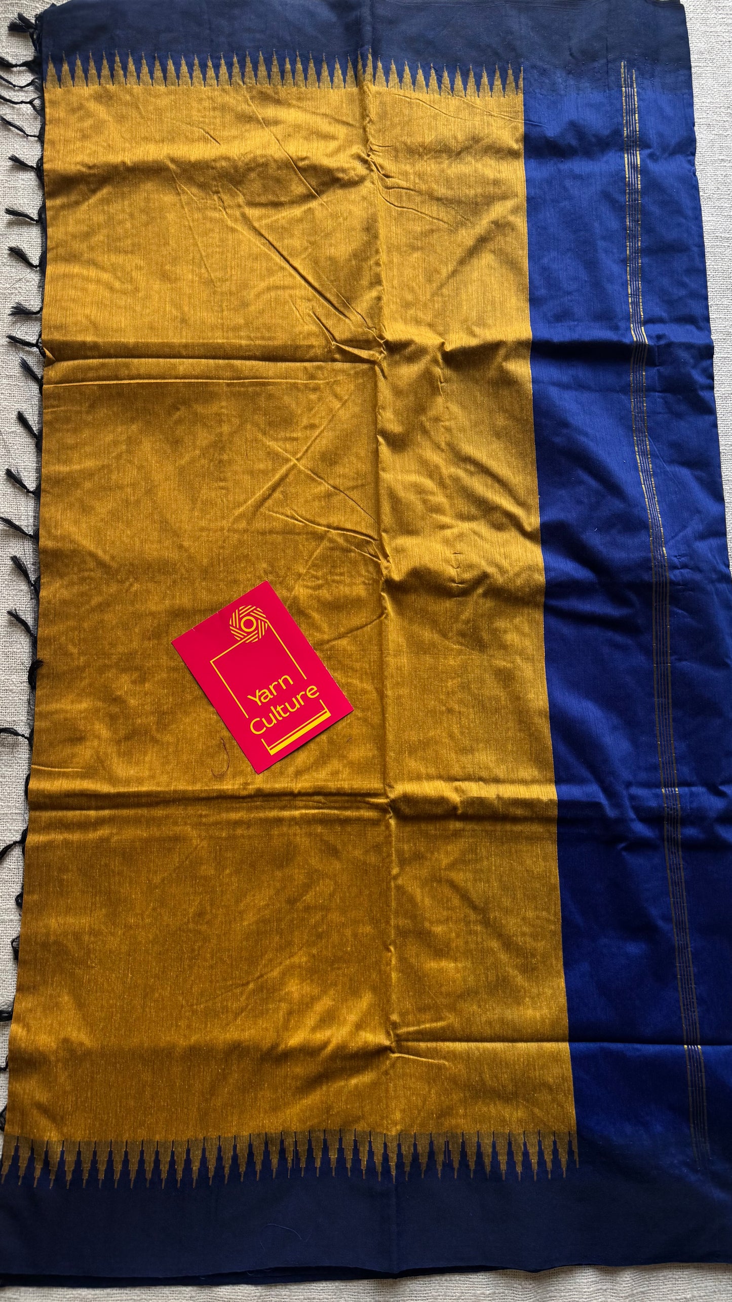 Turmeric yellow with blue contrast, temple border saree, cotton silk - YCCOTNTBFE57