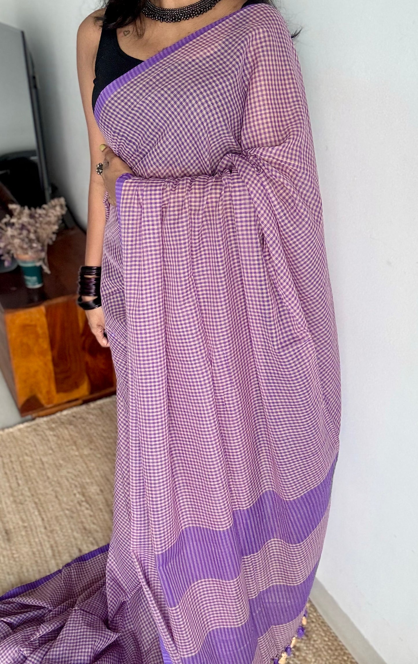 Purple and cream mul, micro checks - YCBCMCNO05