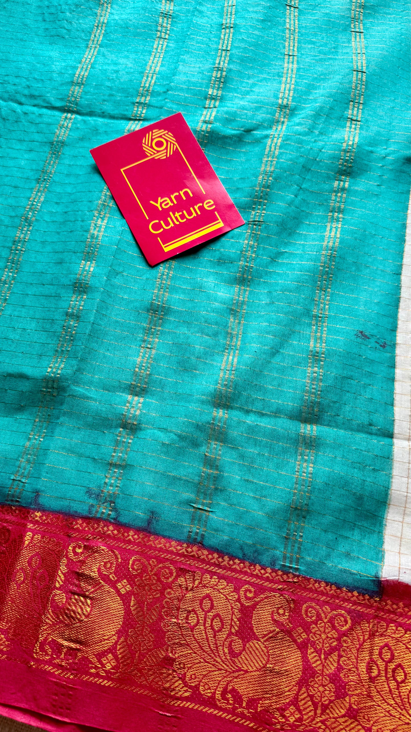 Karthika : Shalabham - Sungudi checks, ivory gold base, red and turquoise blue dual tone border, soft cotton - YCIEON163