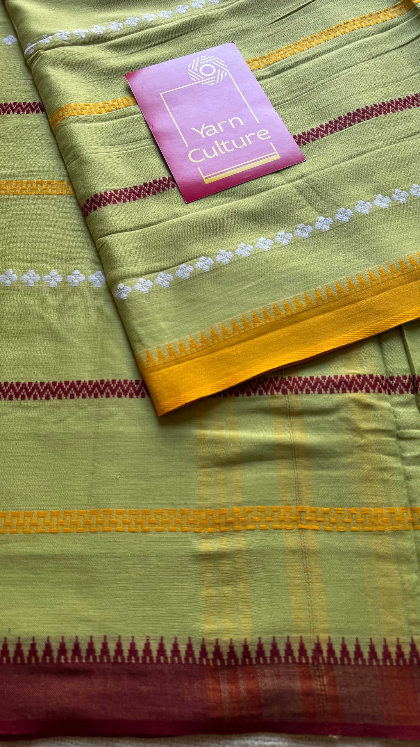 Dhonekhali handloom soft cotton saree, light green with maroon, yellow and white woven stripes - YCBCDFE264