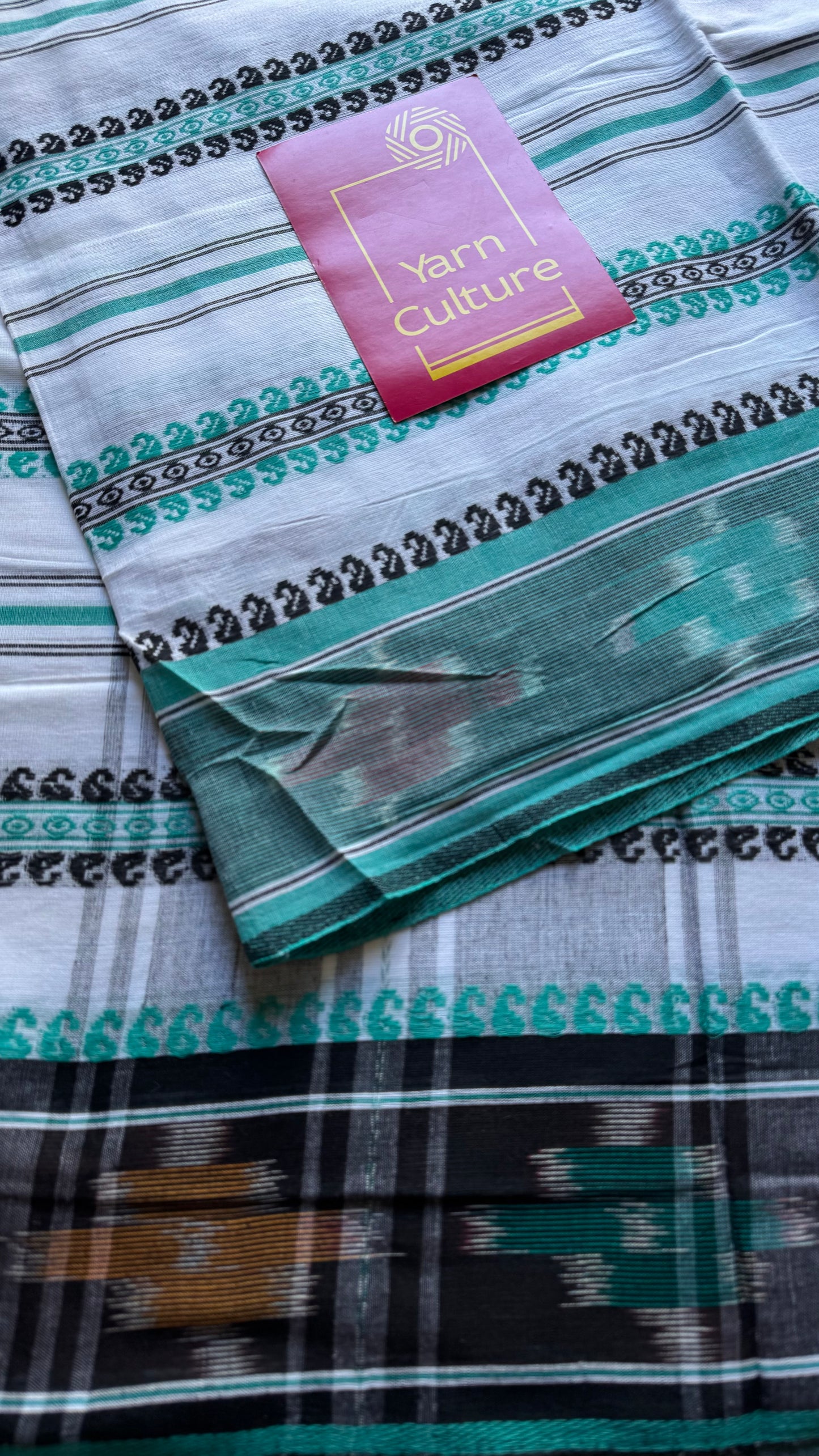 Dhonekhali handloom soft cotton saree, white with turquoise and black woven stripes, Ikkat border- YCBCDFE247