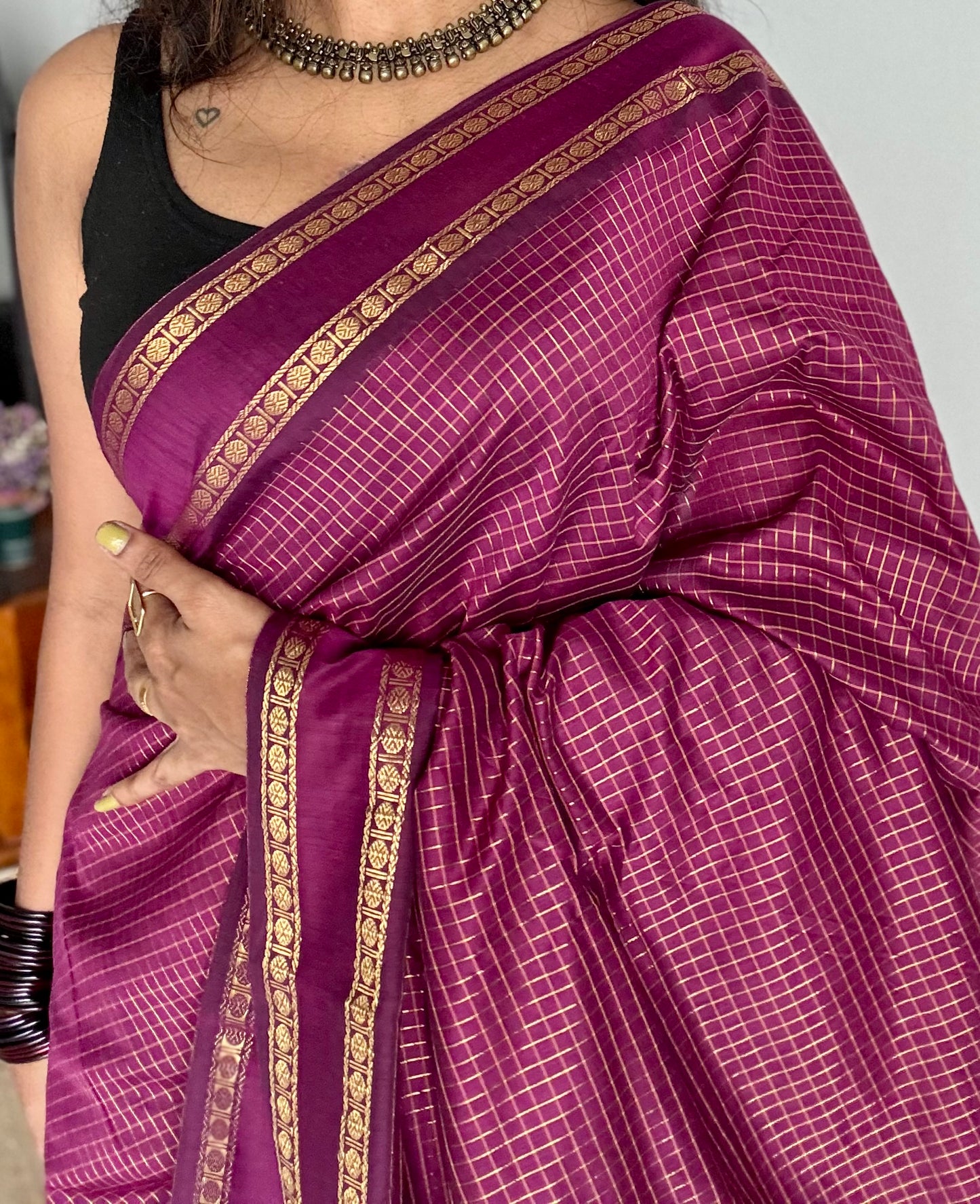 Wine, arani zari checks saree, cotton silk - YCCOTNARFE51