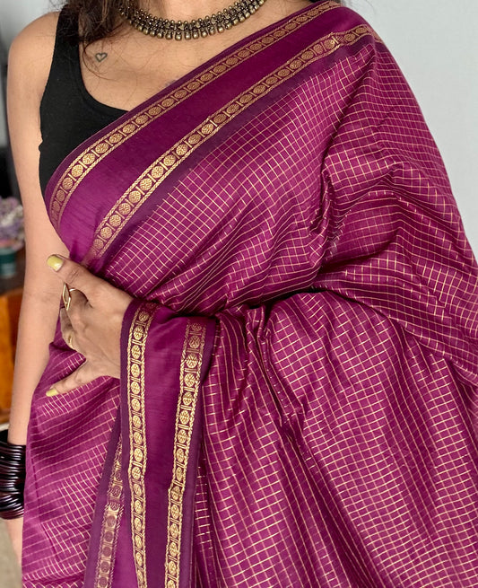 Wine, arani zari checks saree, cotton silk - YCCOTNARFE51