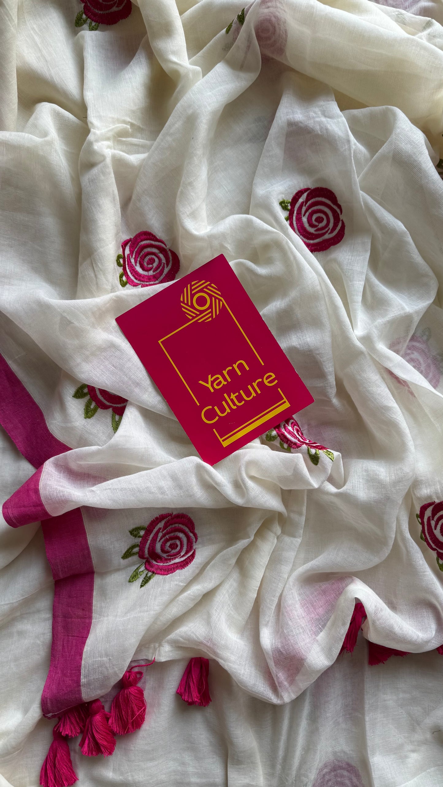 Cream mul with dark pink rose thread embroidery - YCBCMCNO74