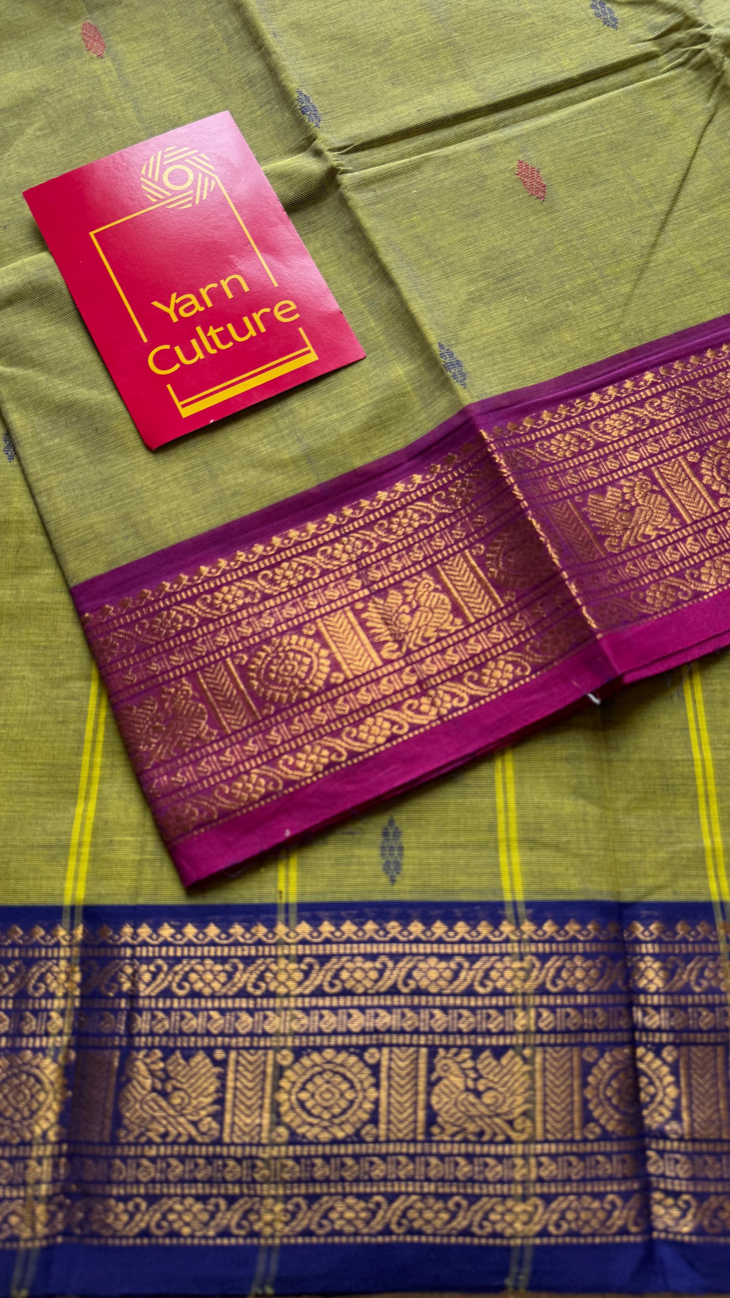 Green with magenta pink and royal blue contrast, kanchi cotton saree - YCCOTNMA326