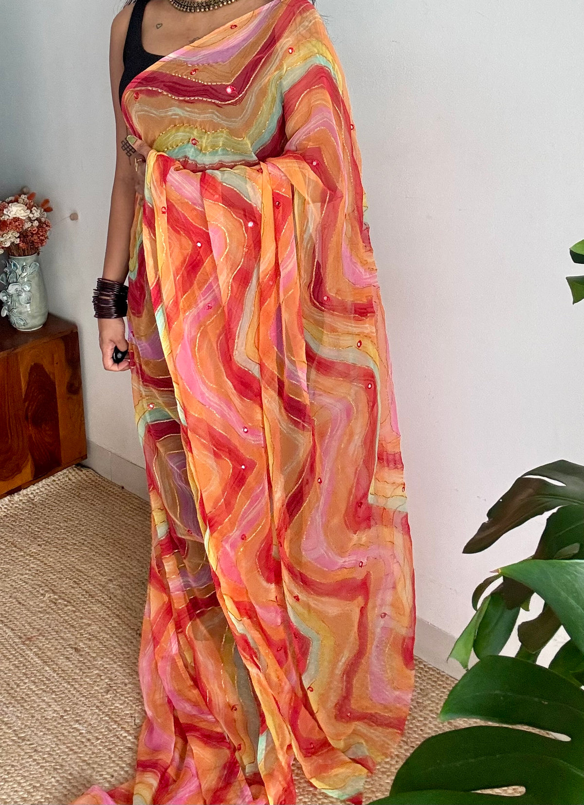 Red orange multicoloured leheriya chiffon saree with mirror work  - YCTORLOC96
