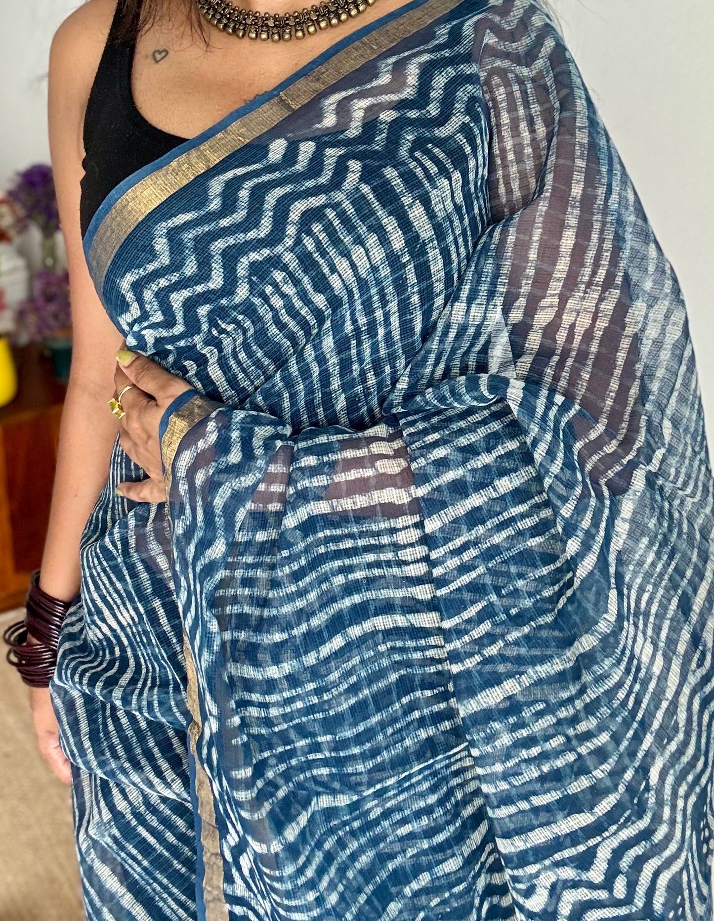 Zig Zag Zindagi - Indigo kota doria saree, with gold zari border - YCTORKDAP05