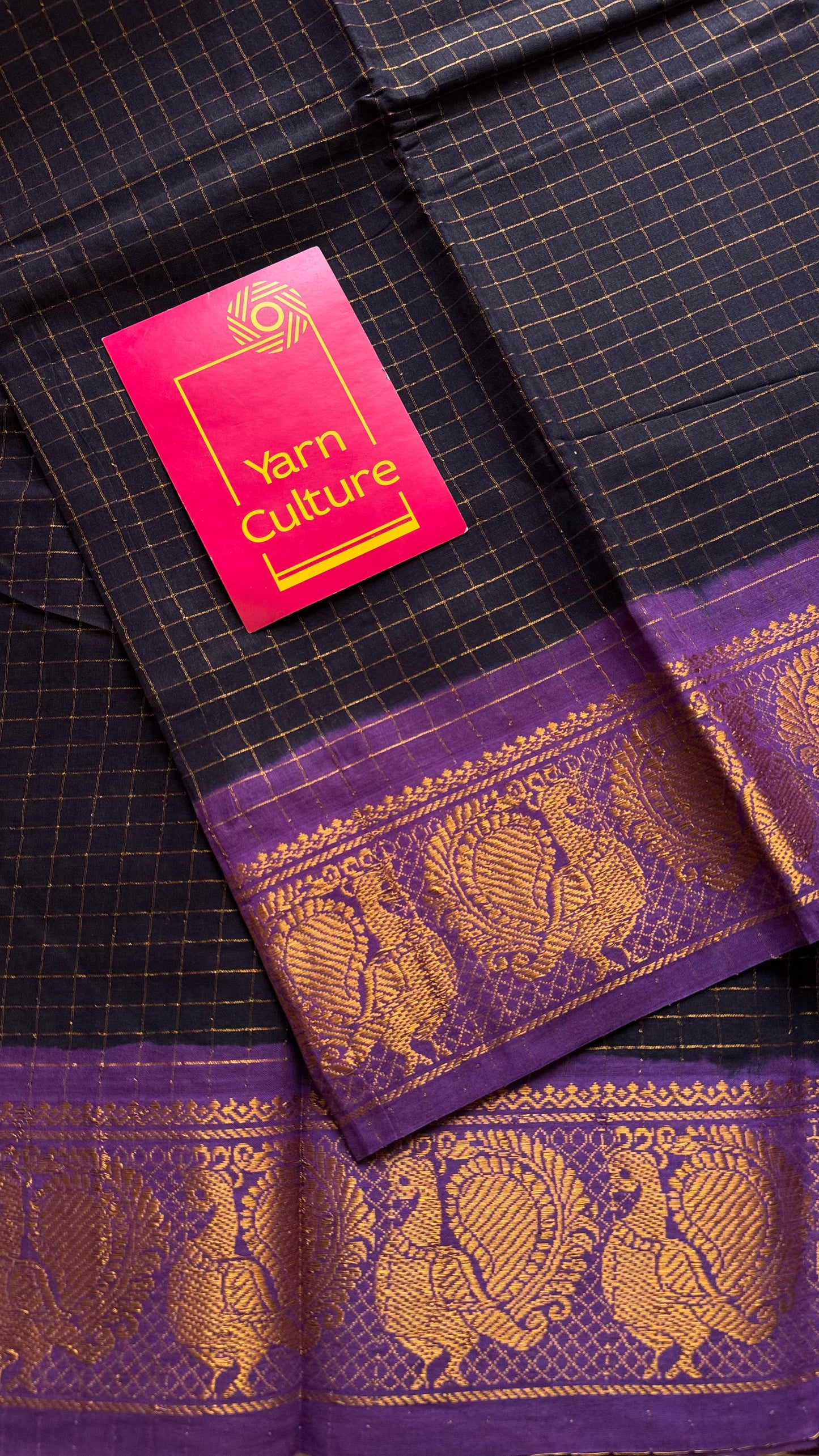 Dark blue with purple contrast zari checkered sungudi, kattuchayam dyed madurai cotton - YCCOTNMSAP92