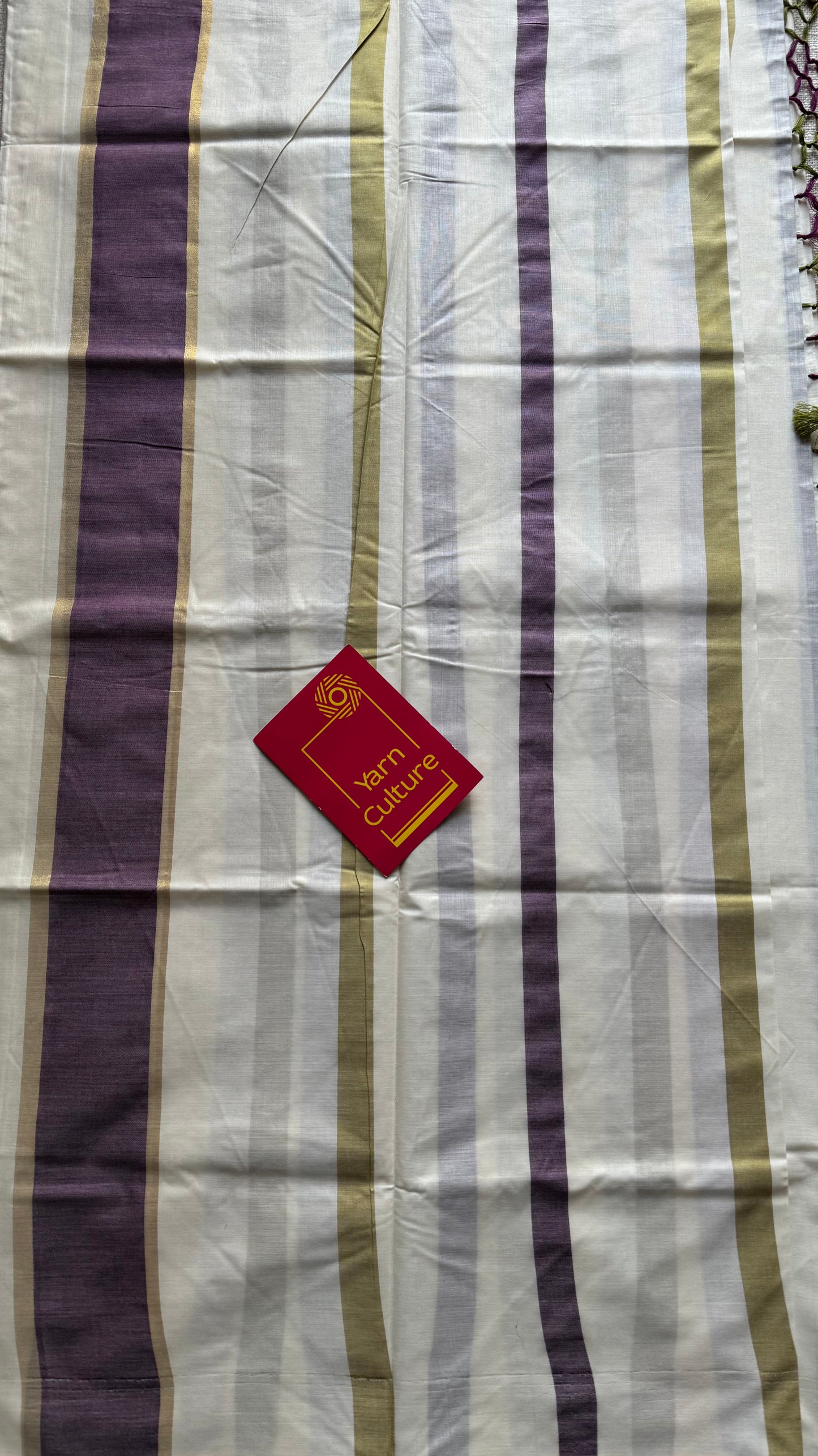 Ivory Kerala cotton saree with purple and green stripes - YCIEKCFE306