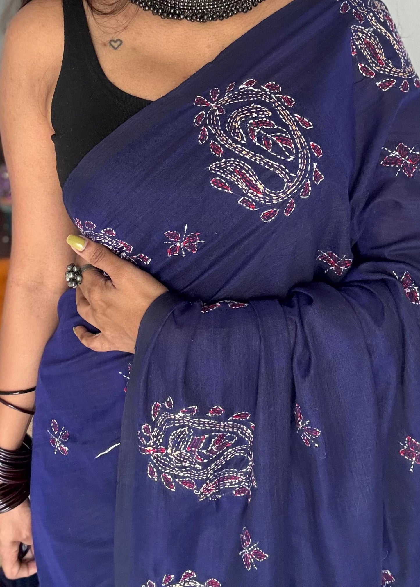 Embroidered blue kantha weave in soft cotton - YCBCKKJA143