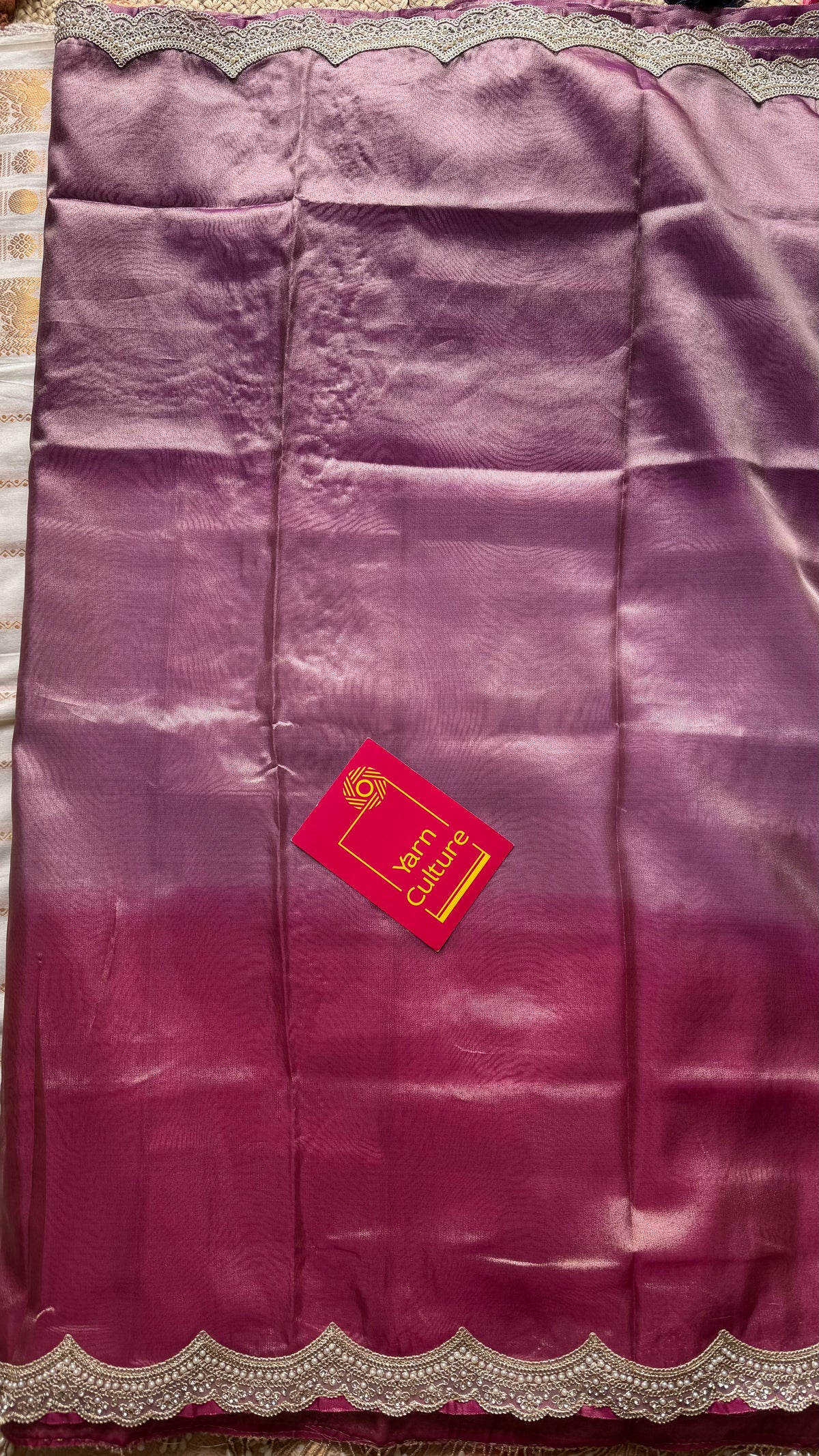 Pink and purple tissue Banarasi saree with embellished pearl lace border - YCBLTOC74