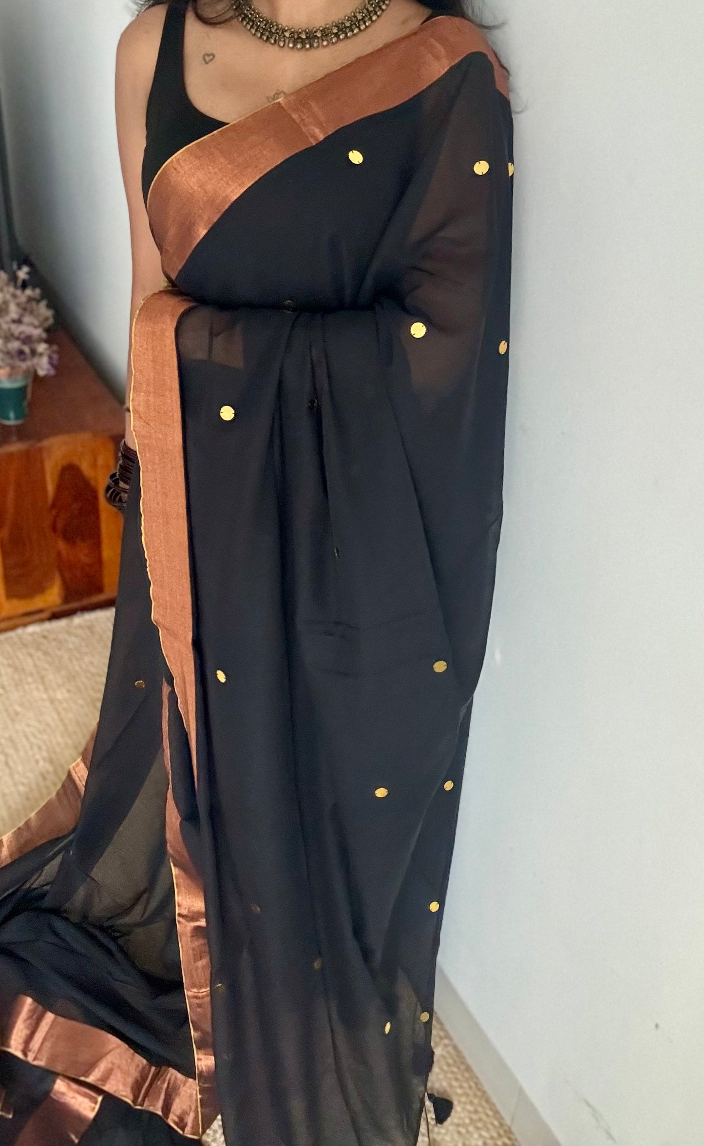 Black mul with gini sequins and copper zari border - YCBCMCLSE06