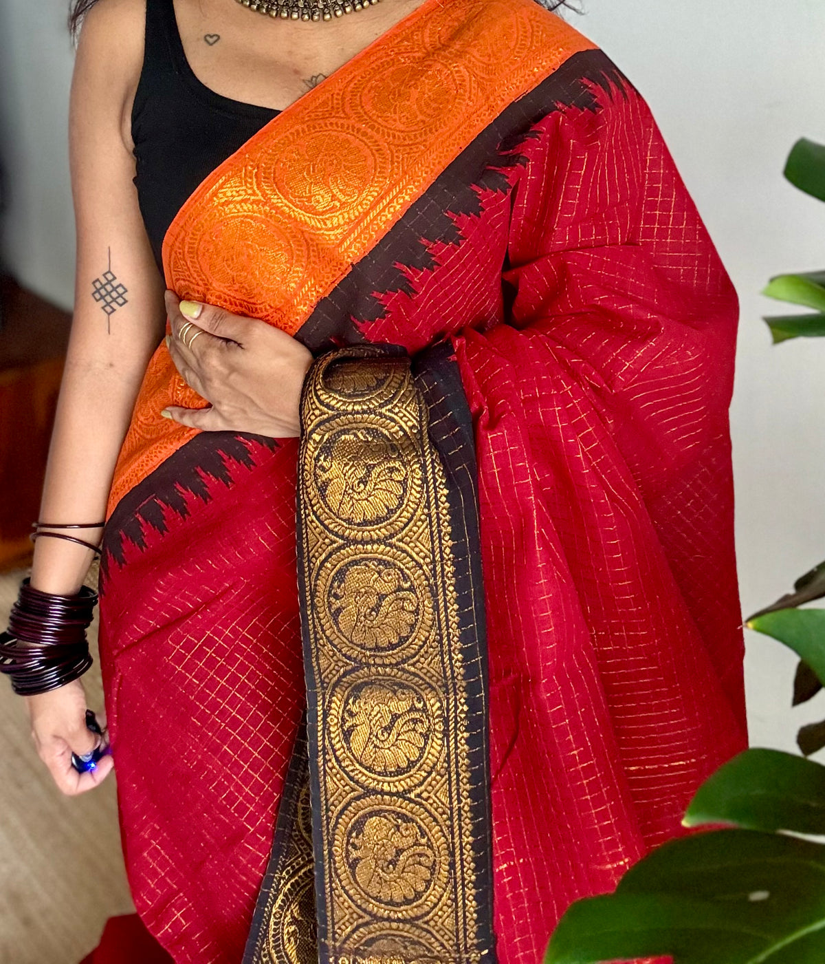 Sungudi cotton checks, red base, orange and black dual tone border, soft cotton - YCCOTNMSSE12
